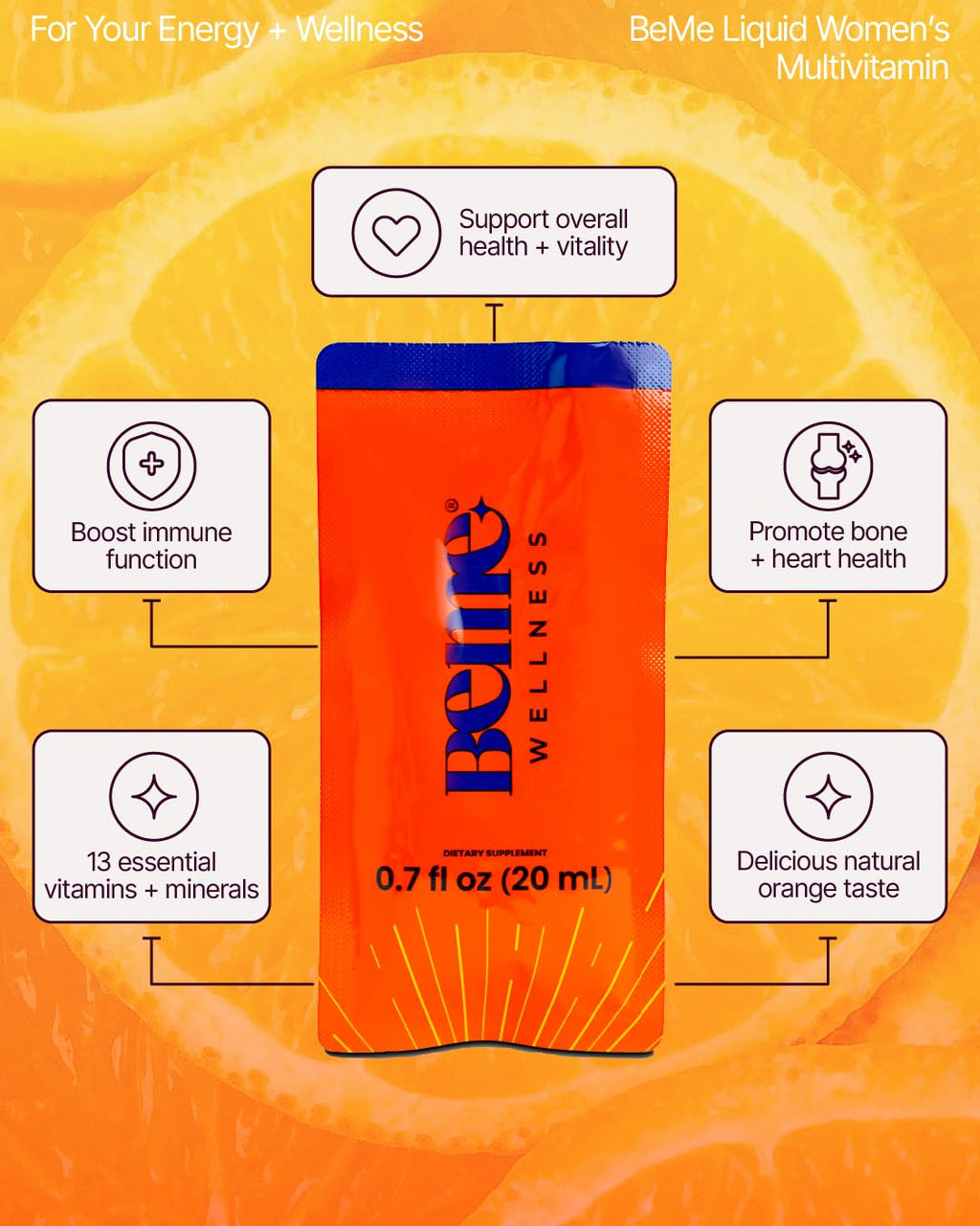 BeMe Liquid Multivitamins for Women - Advanced Liquid Delivery System with 13 Vitamins & Minerals - Tear & Go Sachets, Non-GMO, Orange Flavor (15 Sachets) BeMe Au supplements
