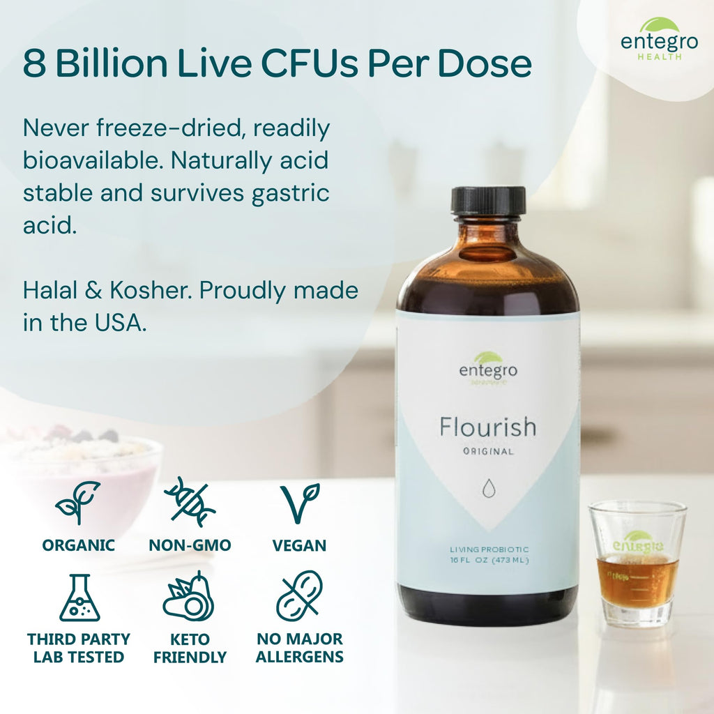 ENTEGRO Flourish Original Liquid Probiotic & Postbiotic Supplement - Glass | 11 Live Cultures | Gut & Digestive Health for Women, Men & Kids | Organic, Vegan