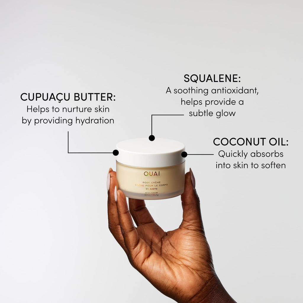 OUAI St. Barts Travel Bundle - Includes Travel Size Scalp & Body Scrub, Foaming Shower Gel, Hydrating Cream, and Hair & Body Mist (4 Count, 3.4 Oz/3.4 Oz/3 Oz/3.3 Oz) OUAI Au supplements