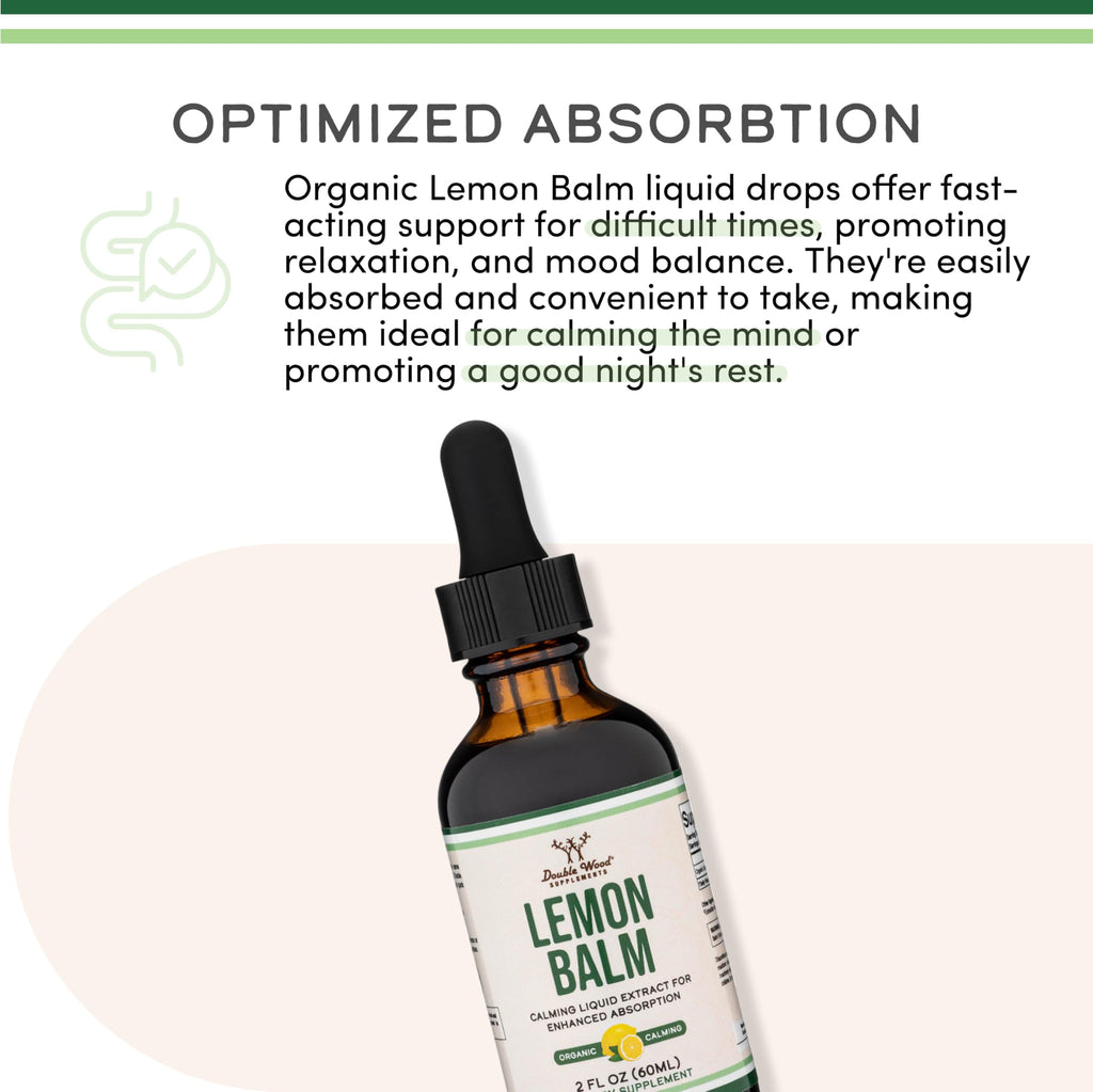 Double Wood Supplements Organic Lemon Balm Tincture - for Digestion & Relaxation 590mg - 2FL OZ, 120 Servings