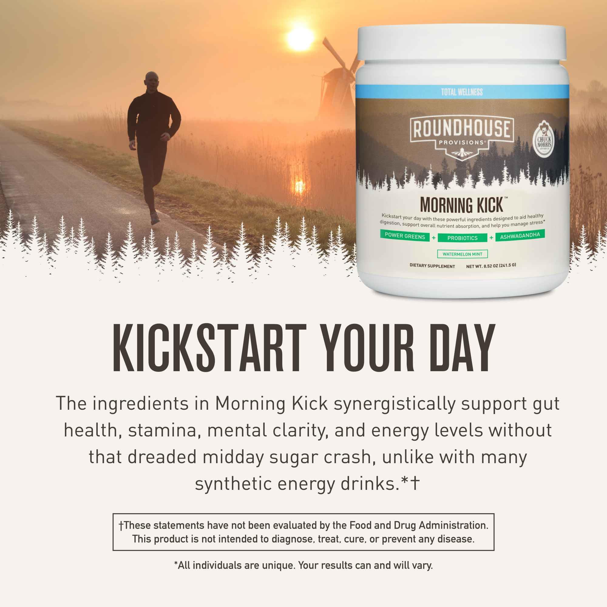 ROUNDHOUSE PROVISION Morning Kick by Chuck Norris - Watermelon Mint Flavor - Greens Superfood Powder with Probiotics, Collagen Peptides & Ashwagandha to Help Support Gut & Joint Health, 3 Pack ROUNDHOUSE PROVISION Au supplements