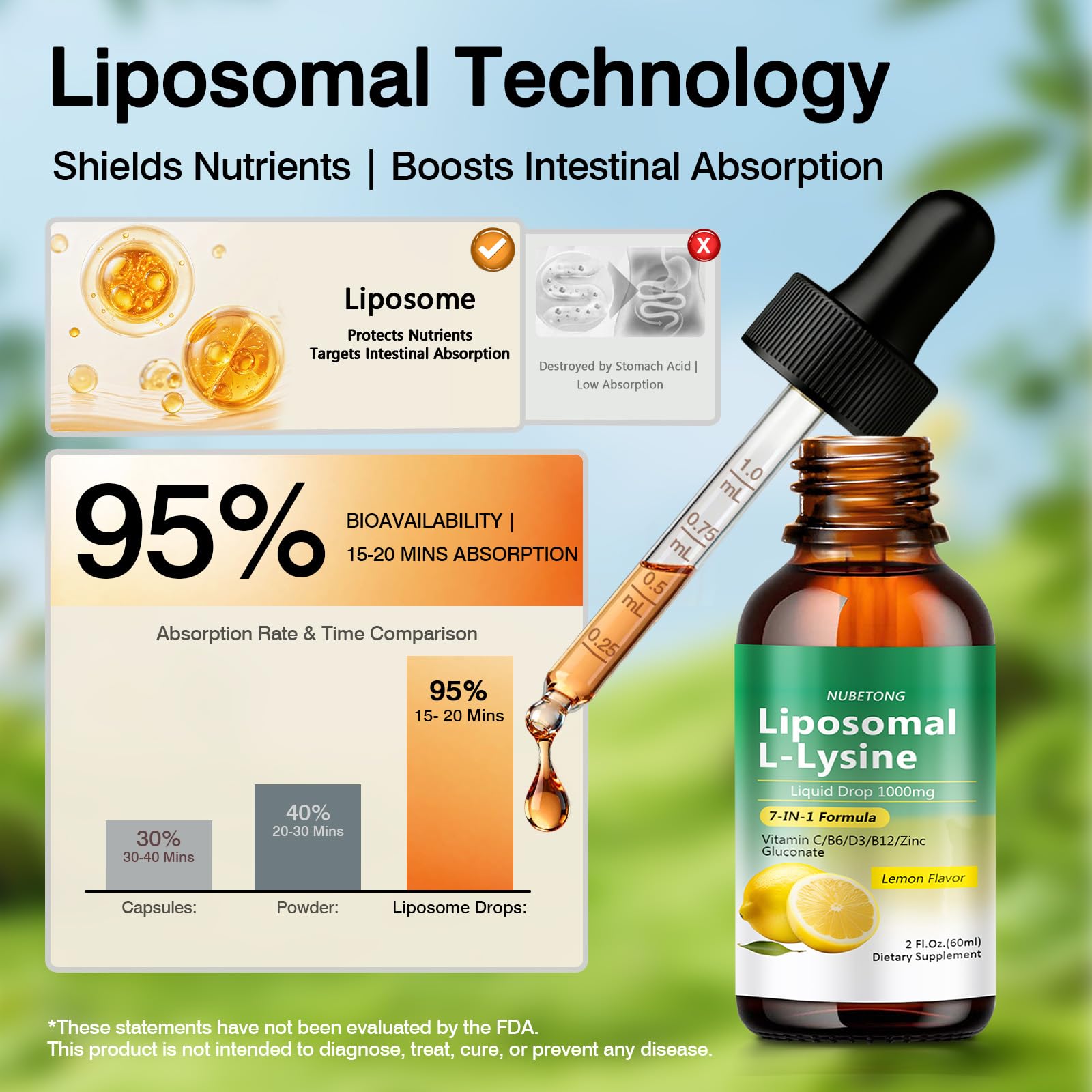 Liposomal L-Lysine 1000mg Liquid Drops, 7-in-1 Lysine Supplement for Adults with Vitamin C/B6/D3/B12 & Zinc Gluconate, Immune Support, Collagen Synthesis & Skin Lip Health, Lemon Flavor, 2 Fl Oz