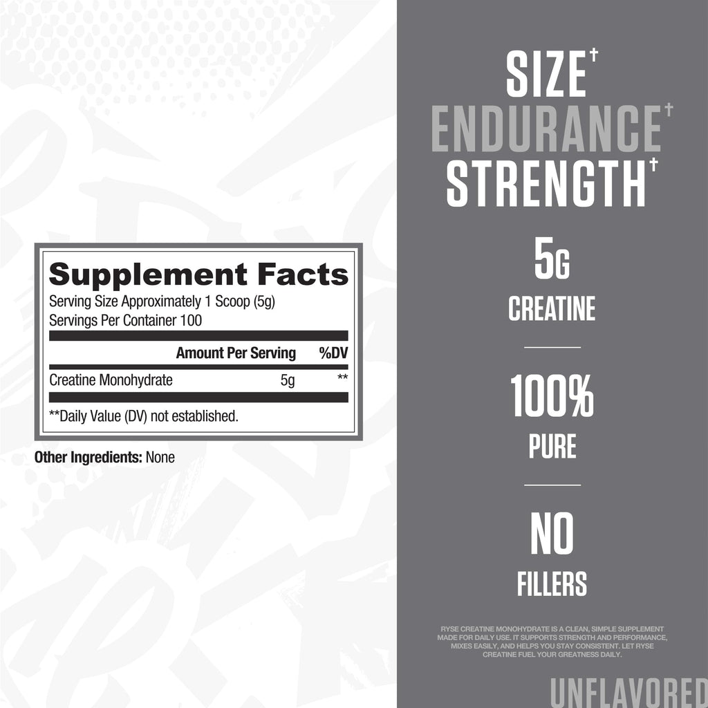 RYSE Creatine Monohydrate Powder - Unflavored - Supports Men & Women Lean Muscle Growth, Strength, Power, and Endurance - Helps Reduce Fatigue and Improve Workout Recovery - 100 Servings. RYSE Up Supplements Au supplements
