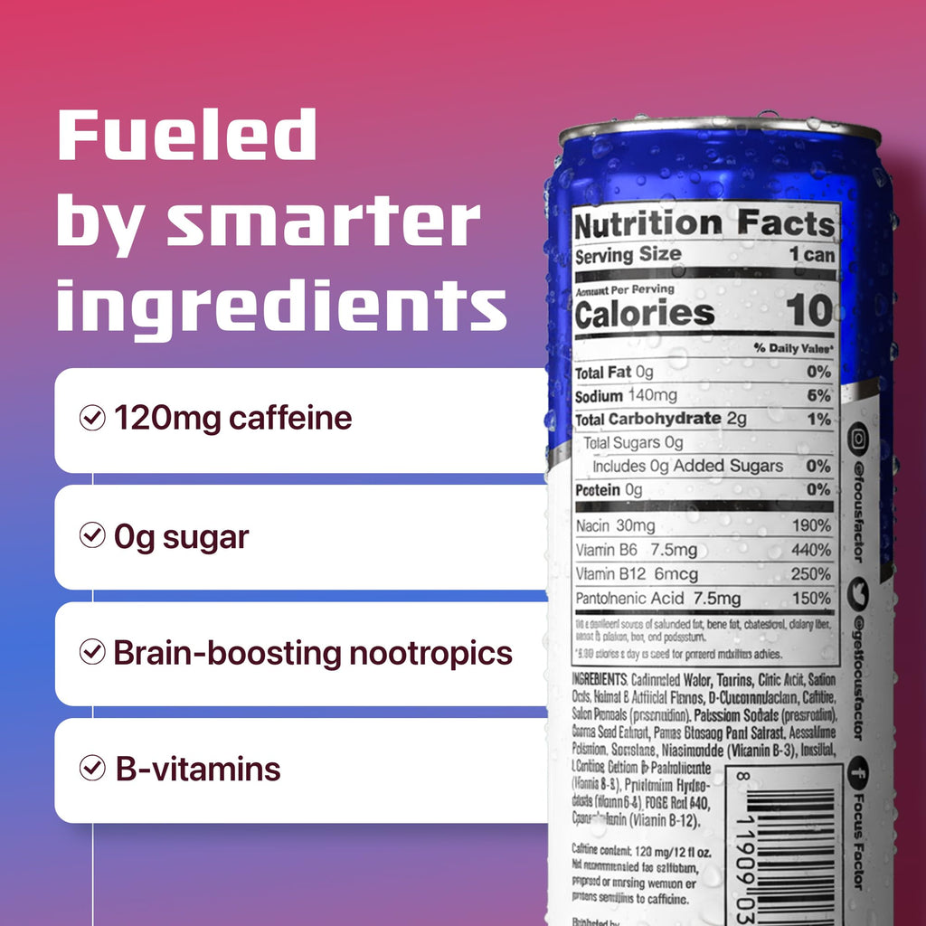 Focus Factor Energy Drink - 12 x 355ml Cans (Berry Flavour) - with Focus + Energy - Lightly Carbonated, Sugar Free, Low Calorie with Vitamin B6 & Vitamin B12 Focus Factor Au supplements