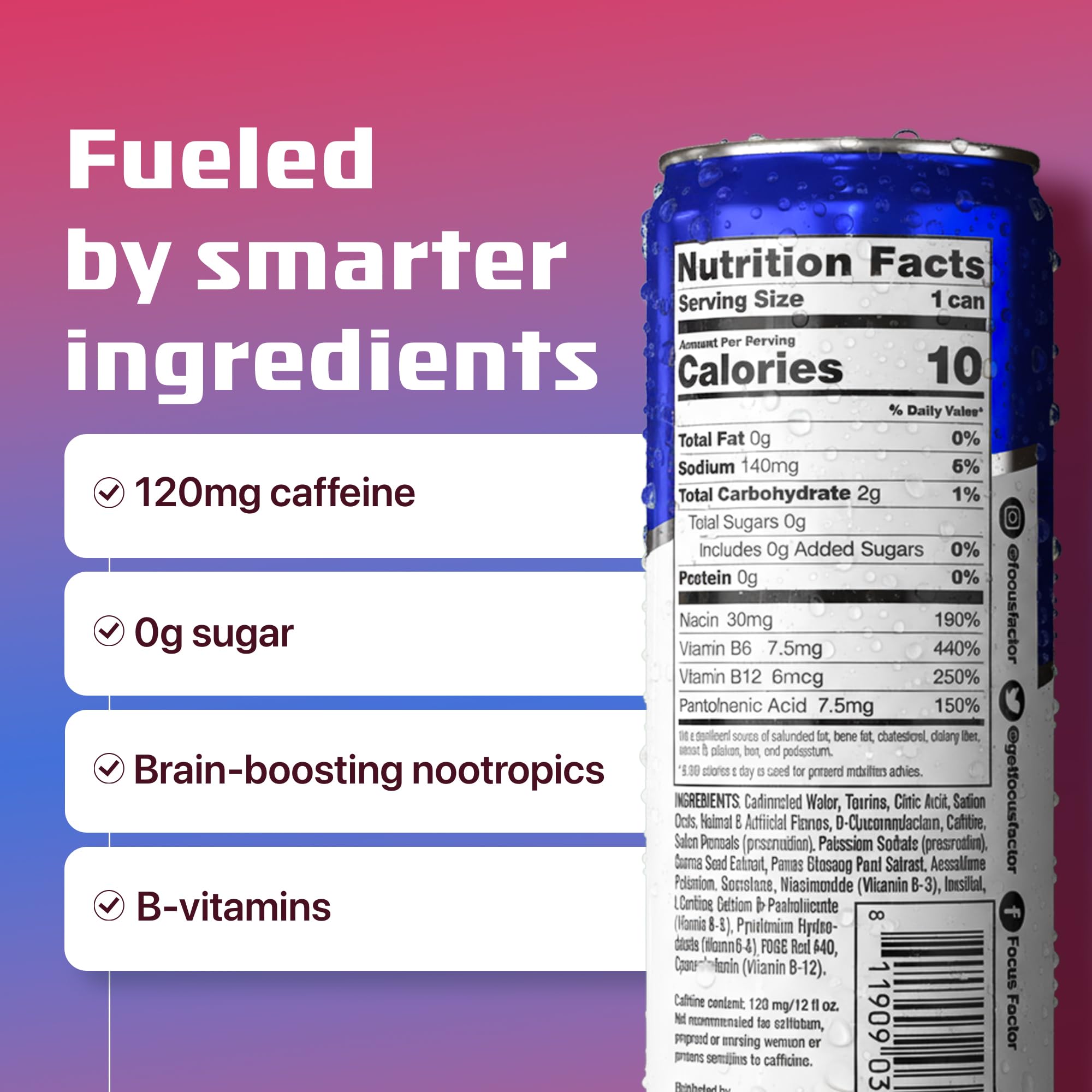 Focus Factor Energy Drink - 12 x 355ml Cans (Berry Flavour) - with Focus + Energy - Lightly Carbonated, Sugar Free, Low Calorie with Vitamin B6 & Vitamin B12 Focus Factor Au supplements