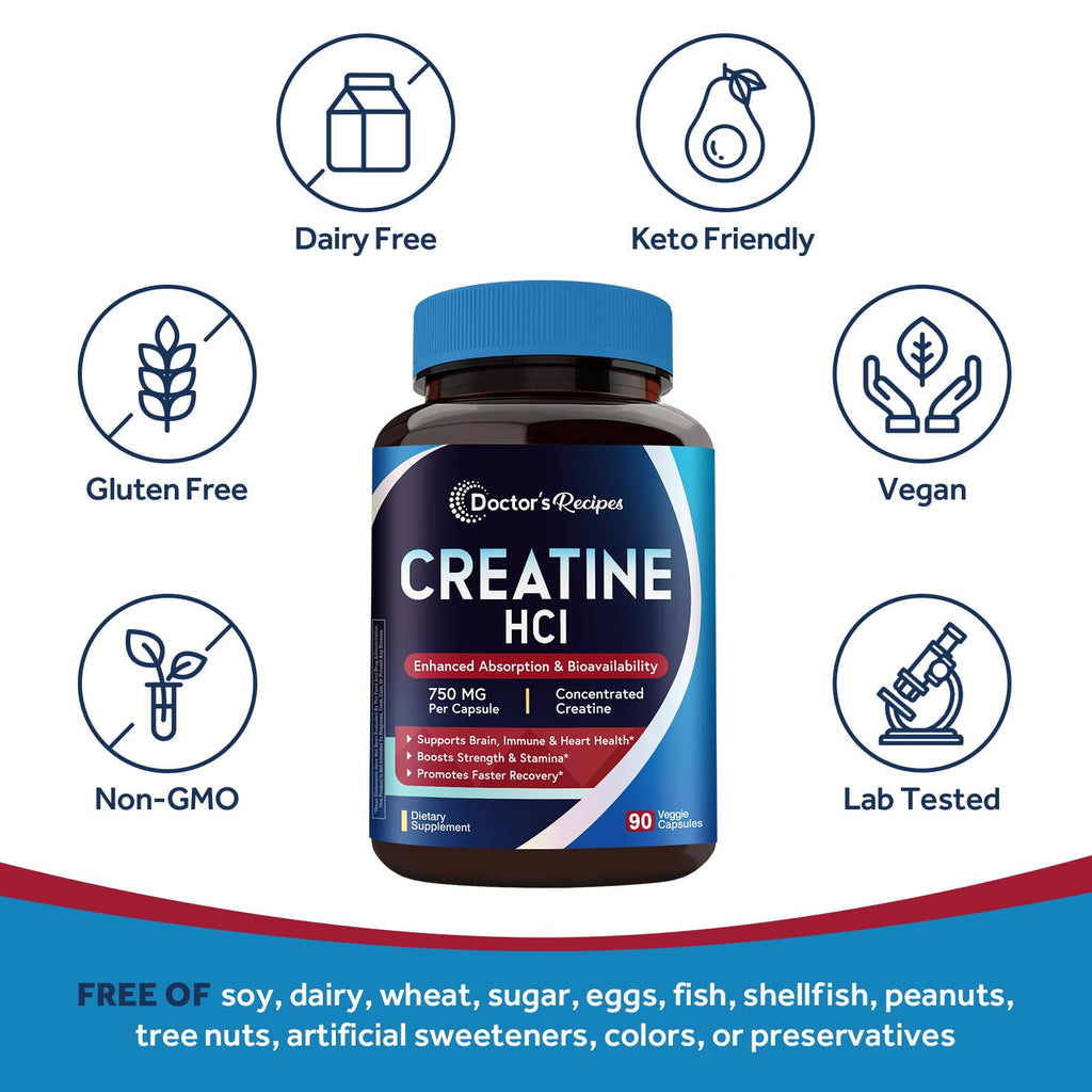 Doctor's Recipes Creatine HCl Capsules, 750 mg, Creatine Hydrochloride for Women & Men, Strength & Recovery, Brain Health, Fast Absorbing, Vegan, 90 Capsules Doctor's Recipes Au supplements