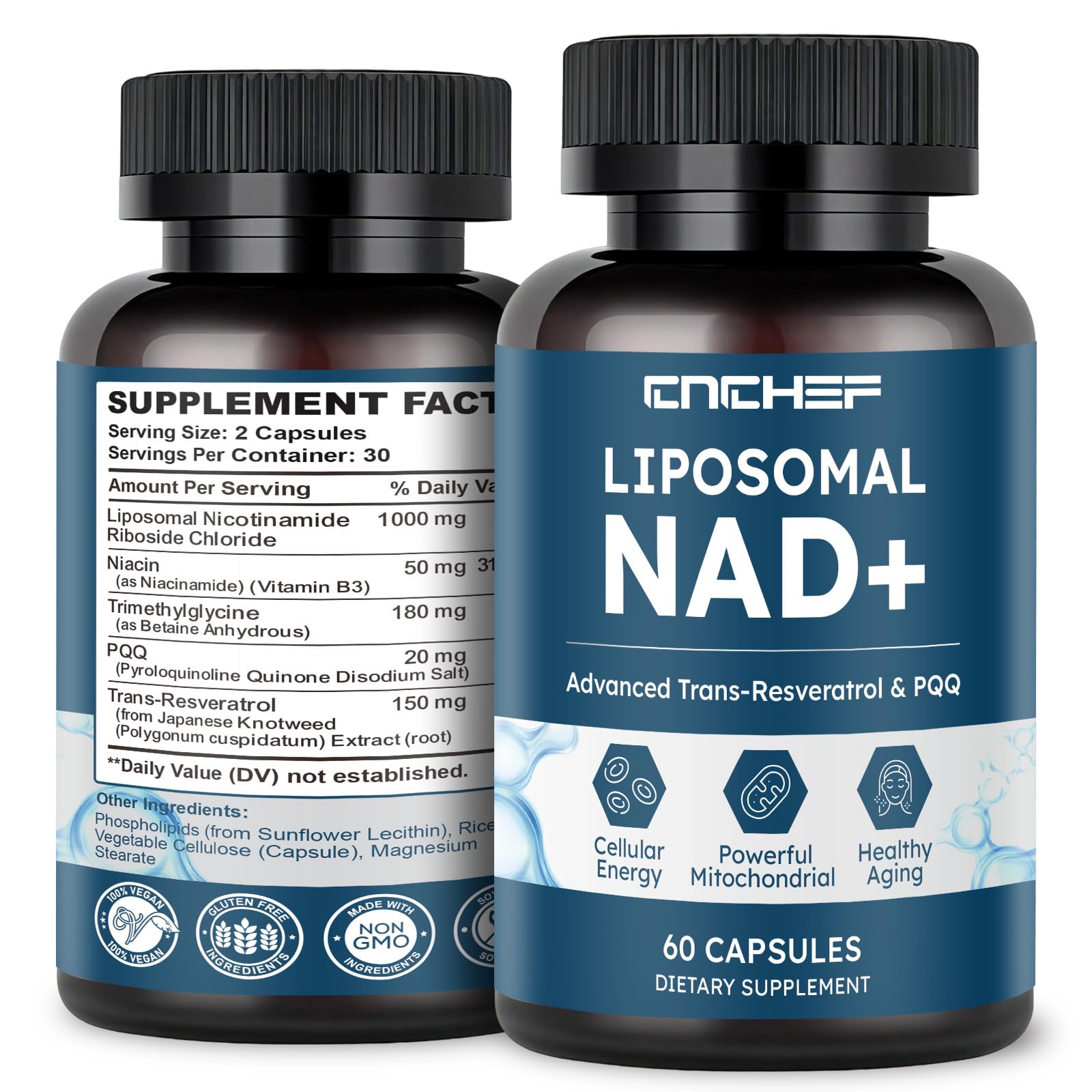 CNCHEF Liposomal NAD Supplement -1000mg, NAD Resveratrol Supplement for Women & Men with Nicotinamide Riboside, Resveratrol, PQQ & TMG, NAD Plus Boosts NAD+ Levels, Anti-Aging & Brain, 60 Capsules CNCHEF Au supplements
