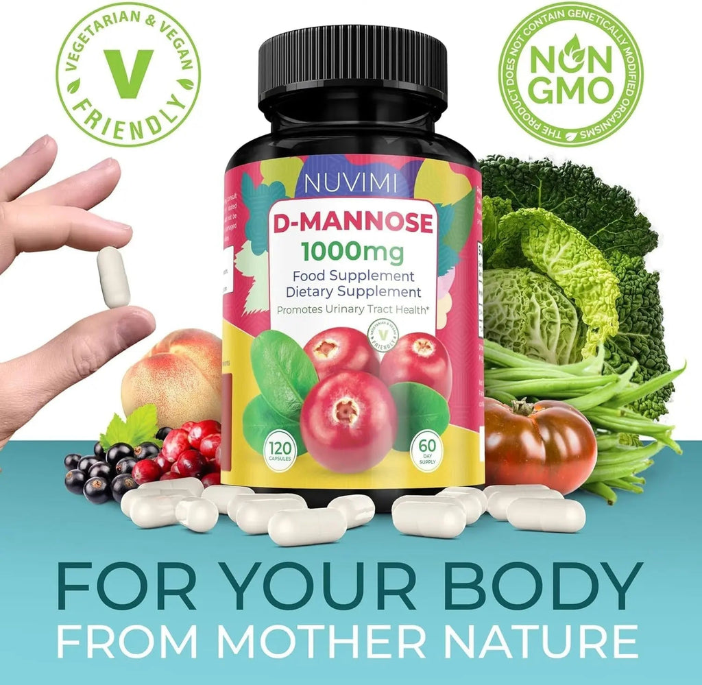 NUVIMI D Mannose 120 Capsules - 1000 mg per Dose - Dietary Supplement Helps Promote Urinary Tract Health - Natural Vegan UTI Defense NUVIMI Au supplements