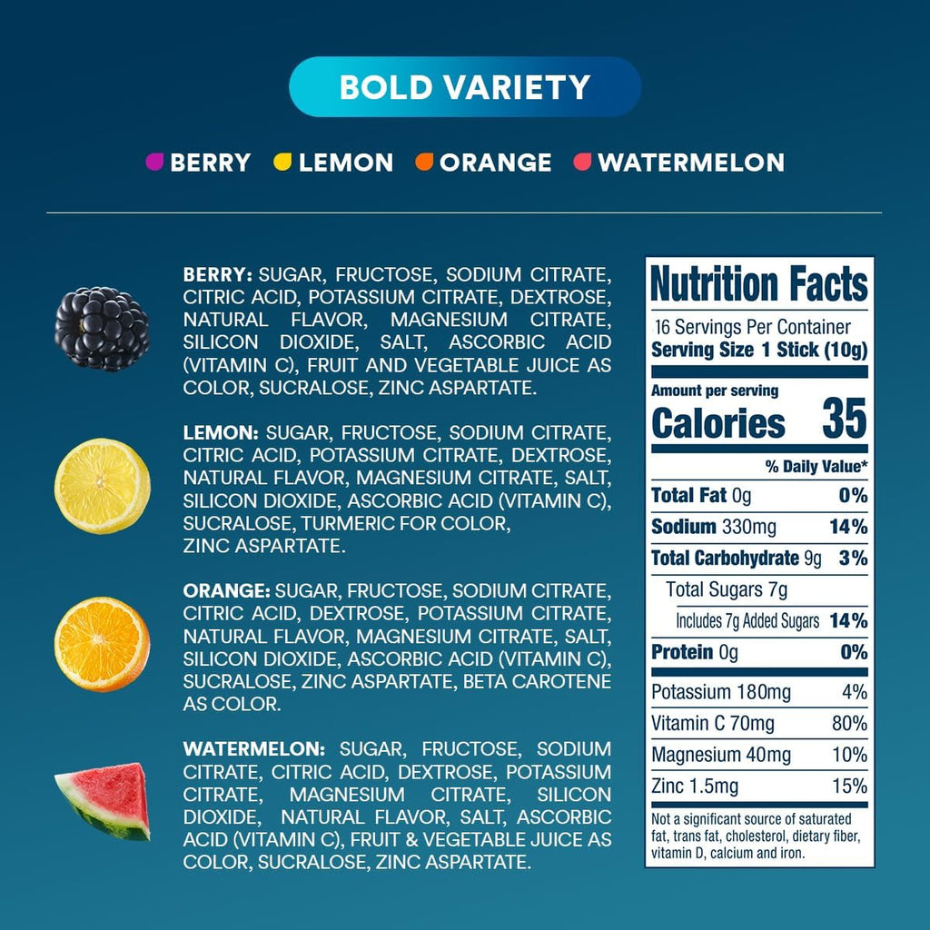 DripDrop Hydration Packets - Bold Variety Pack - Single Serve Electrolytes Powder Drink Mix - Watermelon, Berry, Lemon, Orange