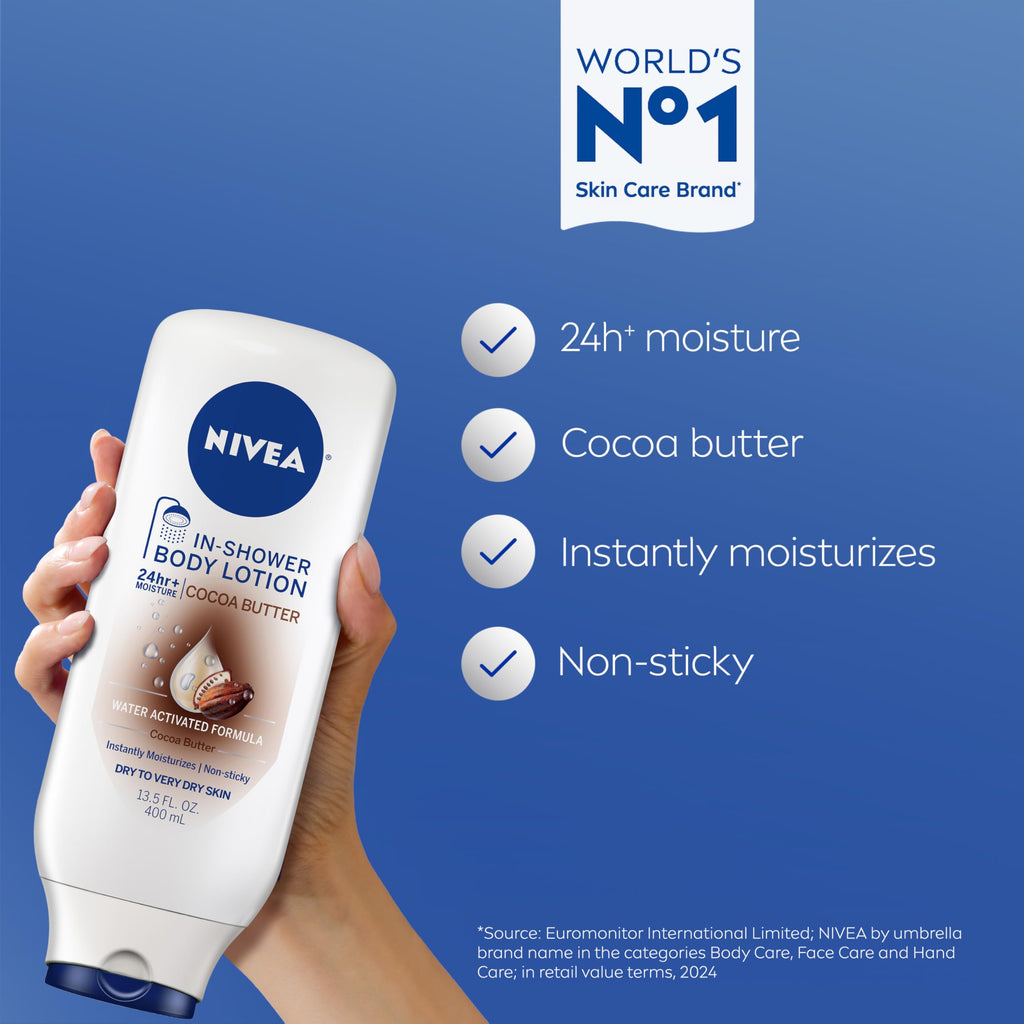 NIVEA Cocoa Butter In Shower Lotion, Water Activated In Shower Moisturizer for Dry Skin to Very Dry Skin, 13.5 FL OZ Bottle