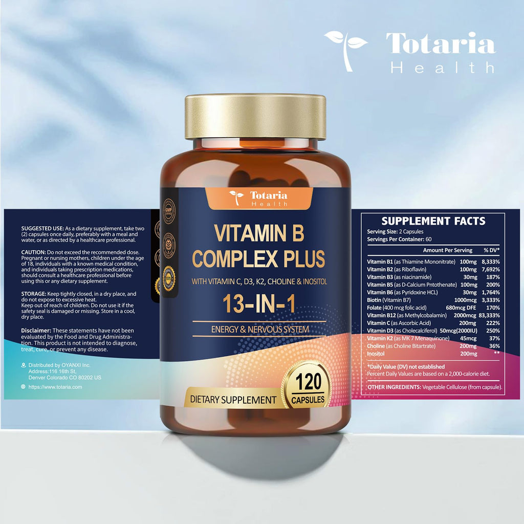 13-in-1 Vitamin B Complex Plus with Vitamin B1, B2, B3 (Niacinamide), B4, B5, B6, B7 (Biotin), B8 (Inositol), B9 (Folate), B12, C, D3, K2 - Energy, Nerve,