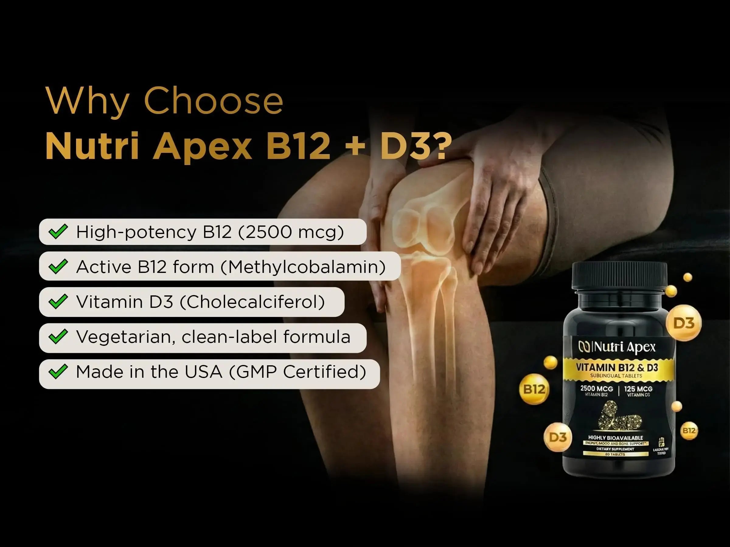 Nutri Apex Vitamin B12 & D3 Sublingual Tablets - 2500 mcg B12 & 125 mcg (5000 IU) D3 - Highly Bioavailable for Energy, Mood & Bone Health - Lab-Tested Nutri Apex Au supplements