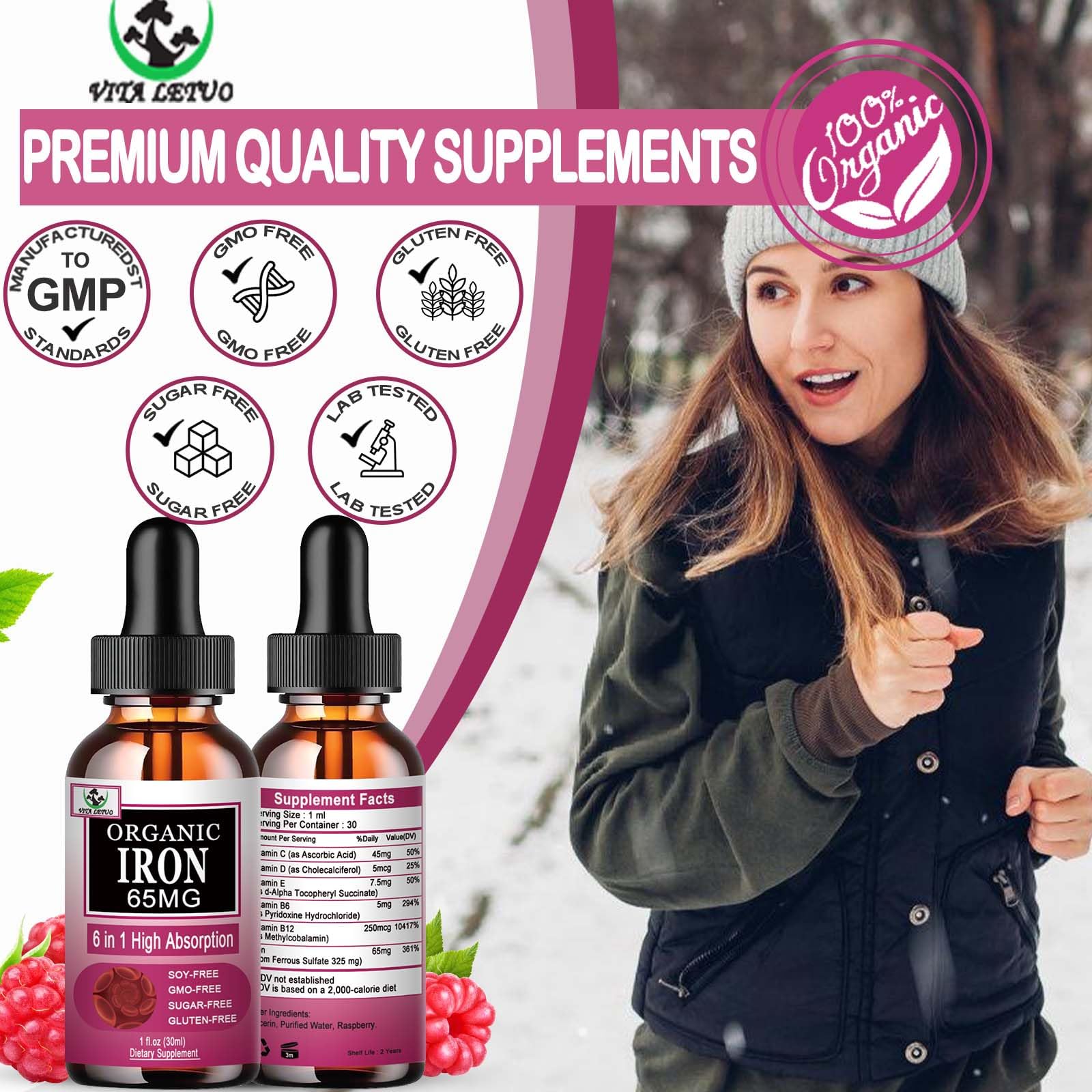 Vita letuo Iron Supplement for Women with Vitamin C,6-in-1 Liquid Supplement w/Vitamin B12,Vitamin B6,High Absorption Liquid Iron Drops for Red Blood Cells