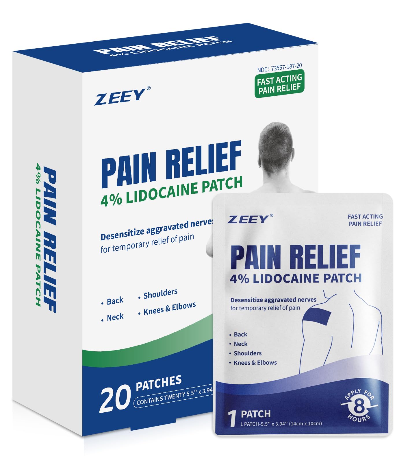 ZEEY 4% Lidocaine Pain Relief Patches, Maximum Strength OTC, for Back, Knee, Neck, Shoulders, Joints, Muscle Soreness, Fast Acting, Topical Anesthetic, Large Gel Patch, 5.5" x 3.94", 20Ct ZEEY Au supplements
