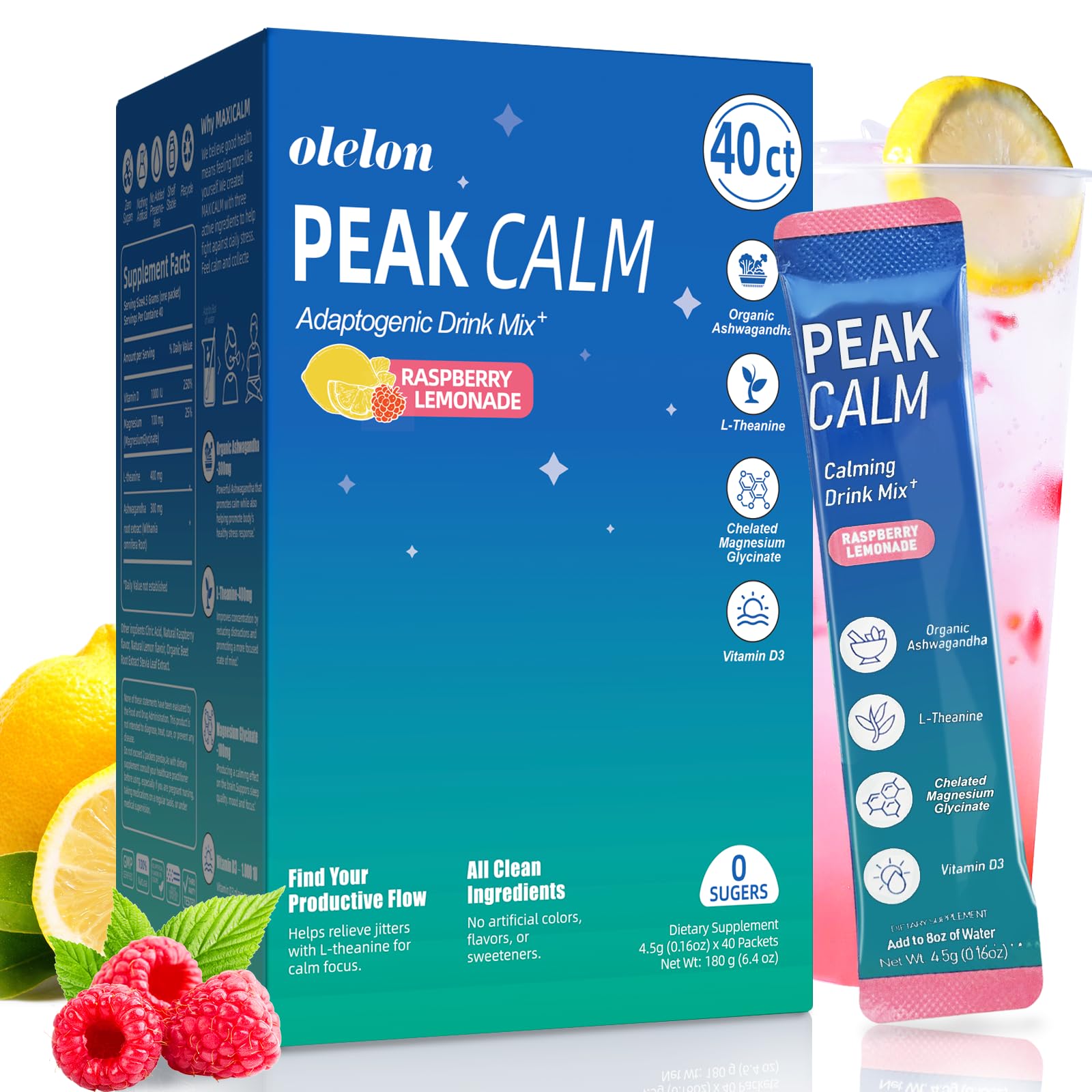 40 Count Super Cortisol Calm Drink with Magnesium Glycinate, Ashwagandha, L-Theanine & Vitamin D3 |Magnesium glycinate Powder for Relaxation, Focus & Sleep Support | Raspberry Lemonade | No Sugar OLELON Au supplements