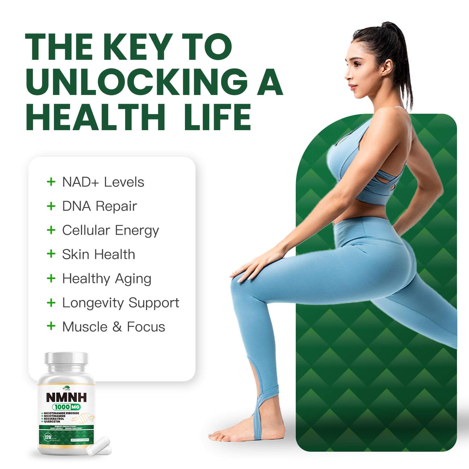 NMNH(Dihydronicotinamide Mononucleotide),NMNH Supplement 1000mg Pure Nicotinamide Mononucleotide,NAD High Purity Supplement Alternative,for Energy,Focus,Non-GMO, Gluten Free,120 Capsules VPKIN Au supplements