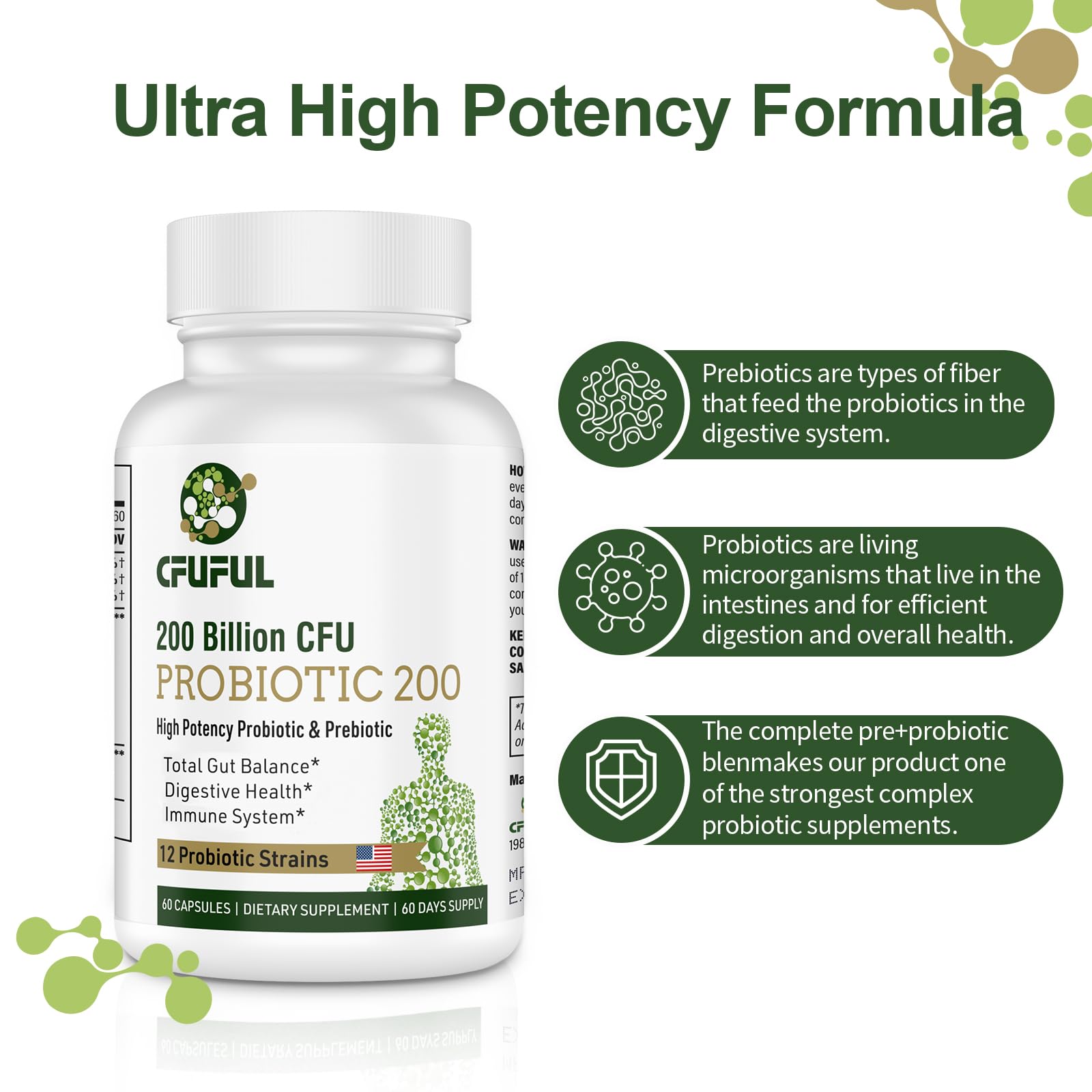 Probiotics for Women & Men, 200 Billion CFU 12 Strains with 3 Organic Prebiotics and Probiotics for Digestive Health Gut, Immune, Bloating & Gas, Energy, Overall Health, Shelf Stable - 2 Month Supply Cfuful Au supplements