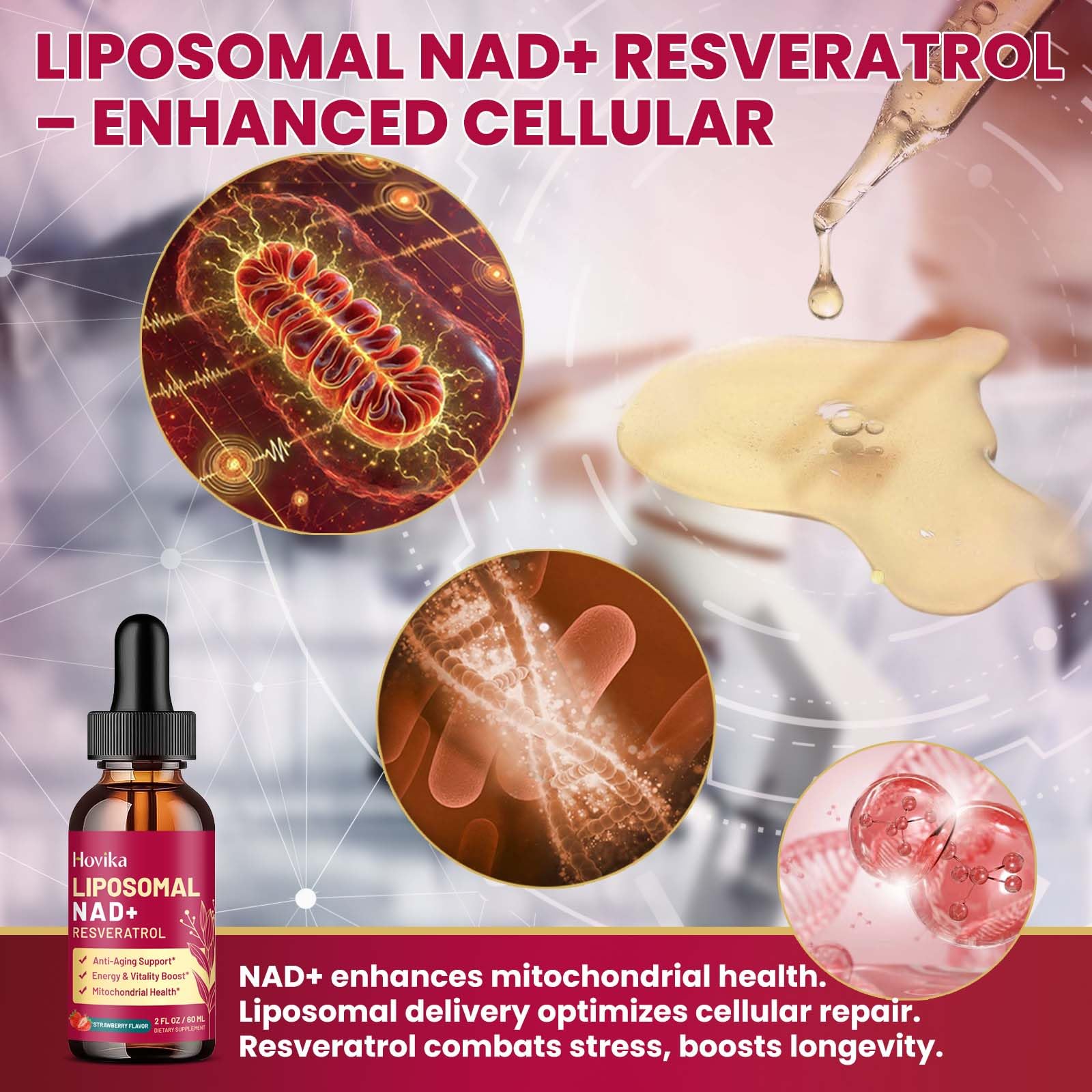 Liposomal NAD Supplement - 1200mg NAD+ Liquid Drops for Women & Men with Resveratrol, Black Pepper Extract - Support Anti-Aging, Brain & Cellular Mitochondrial Health - 2 Fl Oz, Strawberry Flavor Hovika Au supplements
