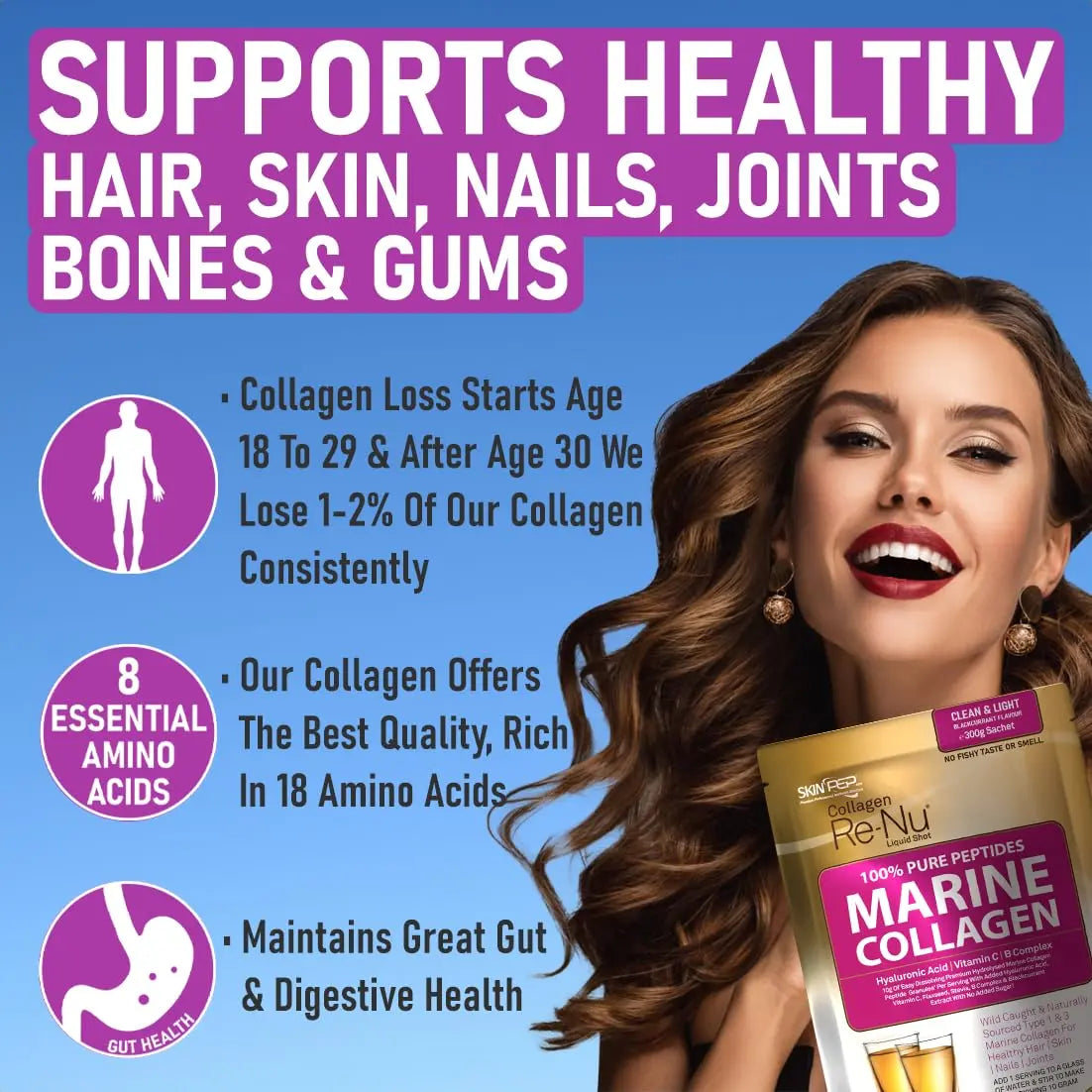 Premium Hydrolysed Marine Collagen Peptide Powder + VIT C, B Complex Hyaluronic Acid, & Stevia. Delicious Taste/No Fishy Smell - SkinPep® Collagen Re-Nu 300g - 30 Days Supply SkinPep Au supplements