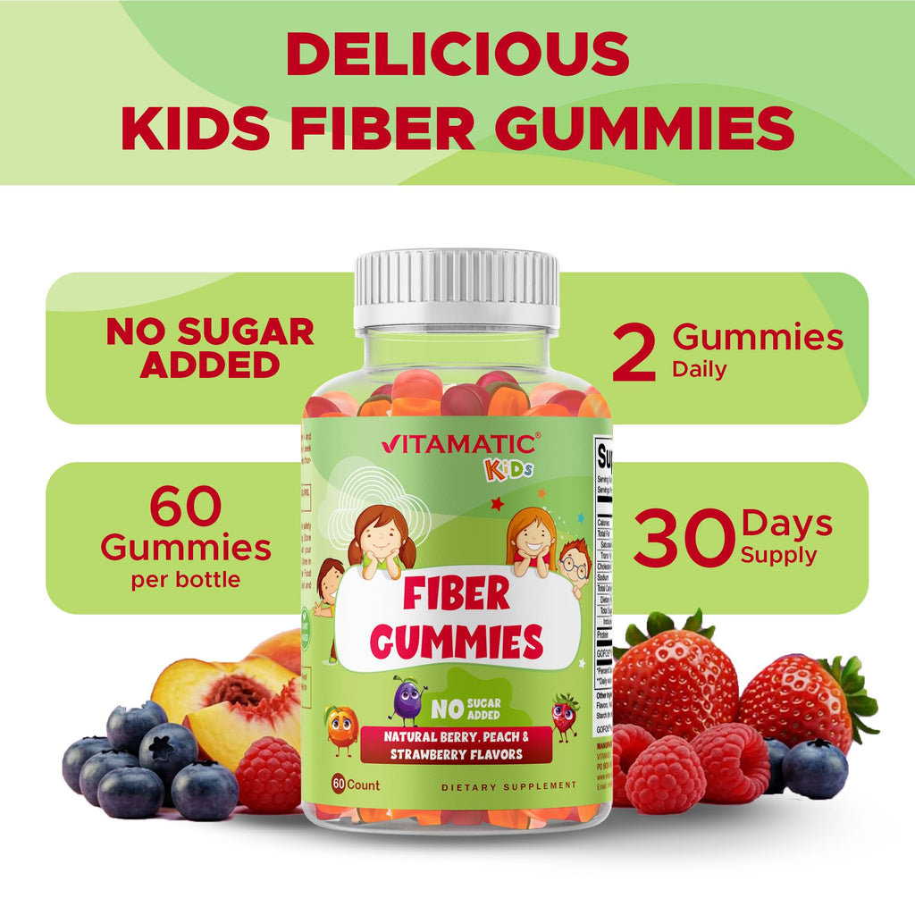 Vitamatic Kids Prebiotic Fiber Gummies – Extra Strength 4g Fiber – Zero Sugar Added – 60 Pectin-Based Gummies – Digestive Health & Regularity Support
