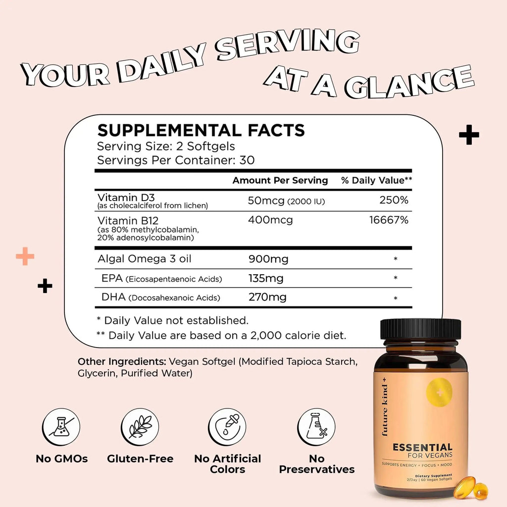 Future Kind 3 in 1 Daily Multivitamin - for Energy, Clarity, Active Wellness Support with B12, D3, and Algal Omega-3 - Essential Vegan Multivitamin for Women & Men Future Kind Au supplements
