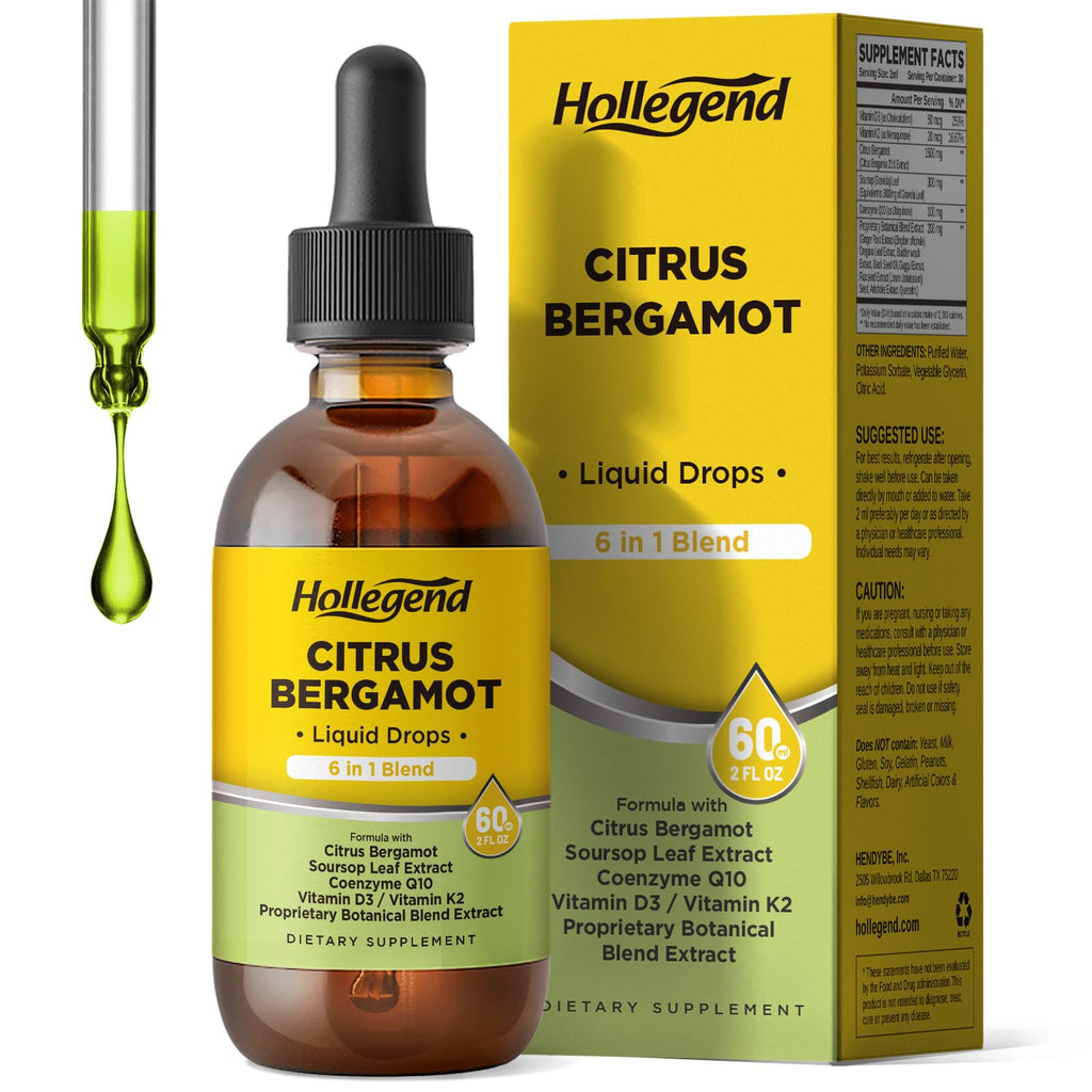 HOLLEGEND Citrus Bergamot Liquid Drops, Organic Citrus Bergamot 1000mg Supplement, Plus Soursop, CoQ10, Vitamin D3, K2,