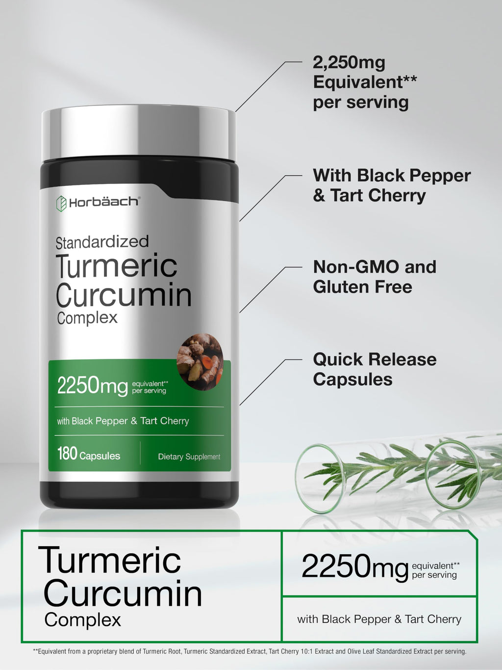 Horbäach Turmeric Curcumin Supplement | 180 Capsules | with Black Pepper & Tart Cherry | Non-GMO & Gluten Free