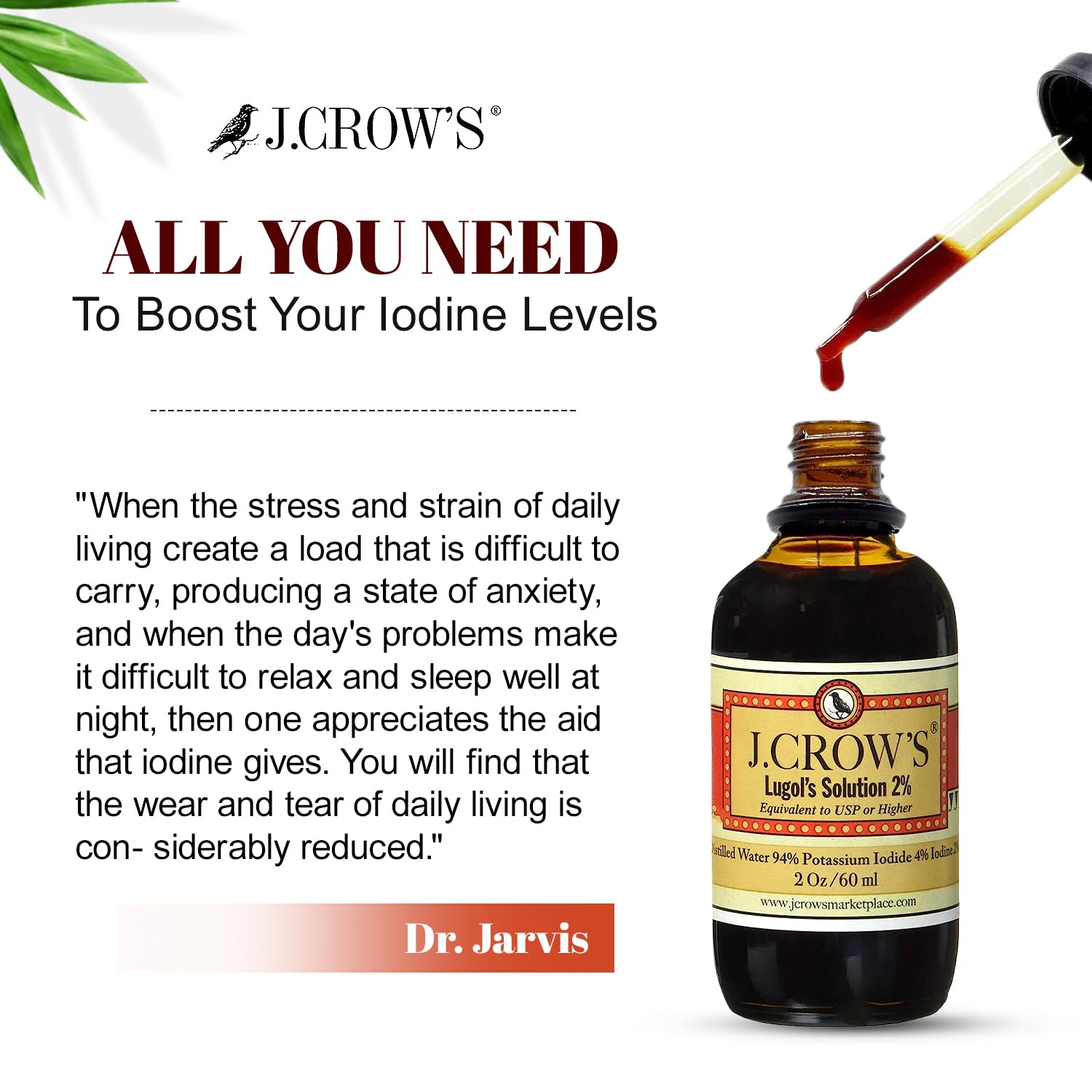 J.CROW'S® Lugol's Solution of Iodine 2% 2 oz (1 Bottle) – Premium Iodine & Potassium Iodide Liquid, Gluten