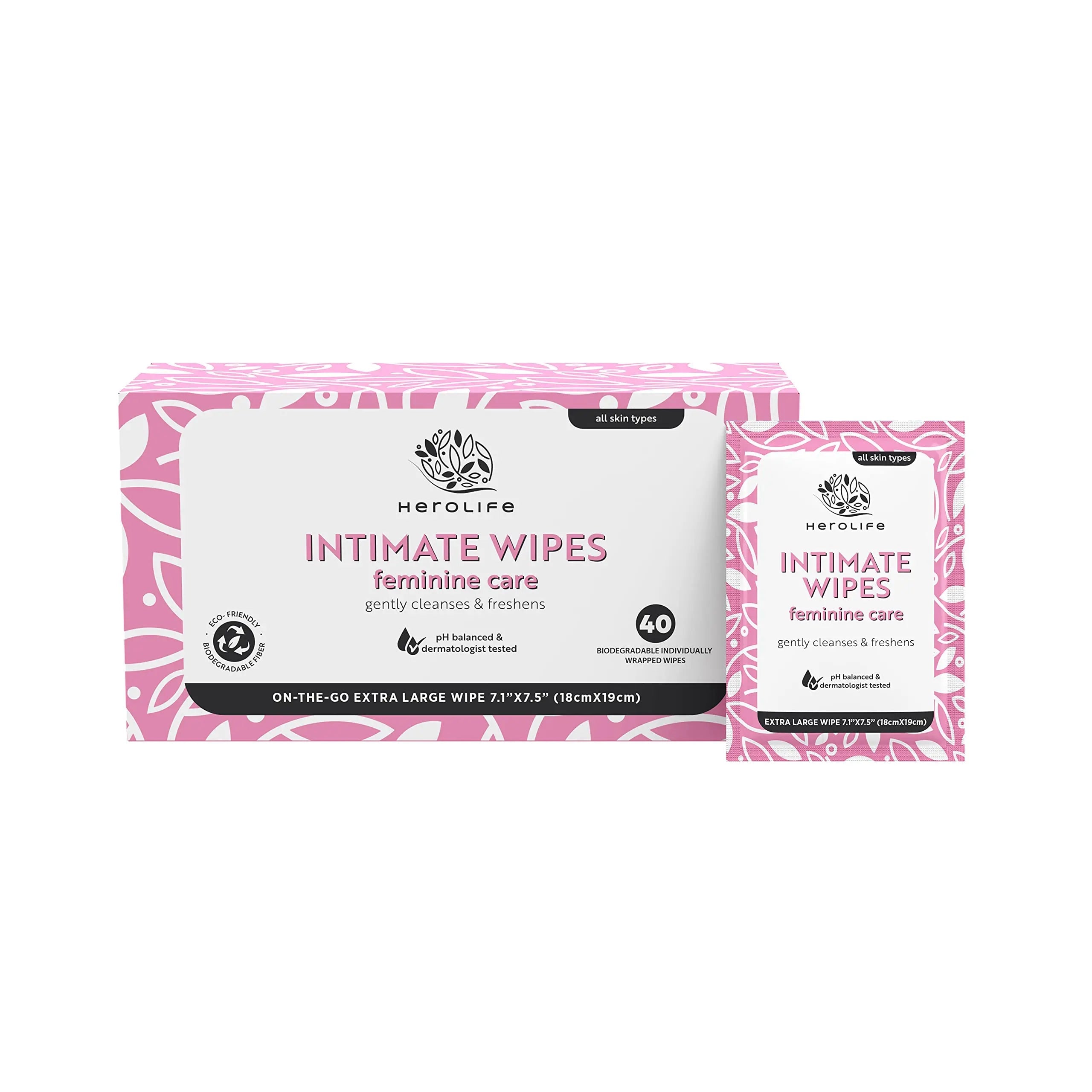 HEROLIFE Personal Wipes for Feminine Care, Single Use To Go, Plant-Based, 1 pack of 40 Single Herolife Au supplements