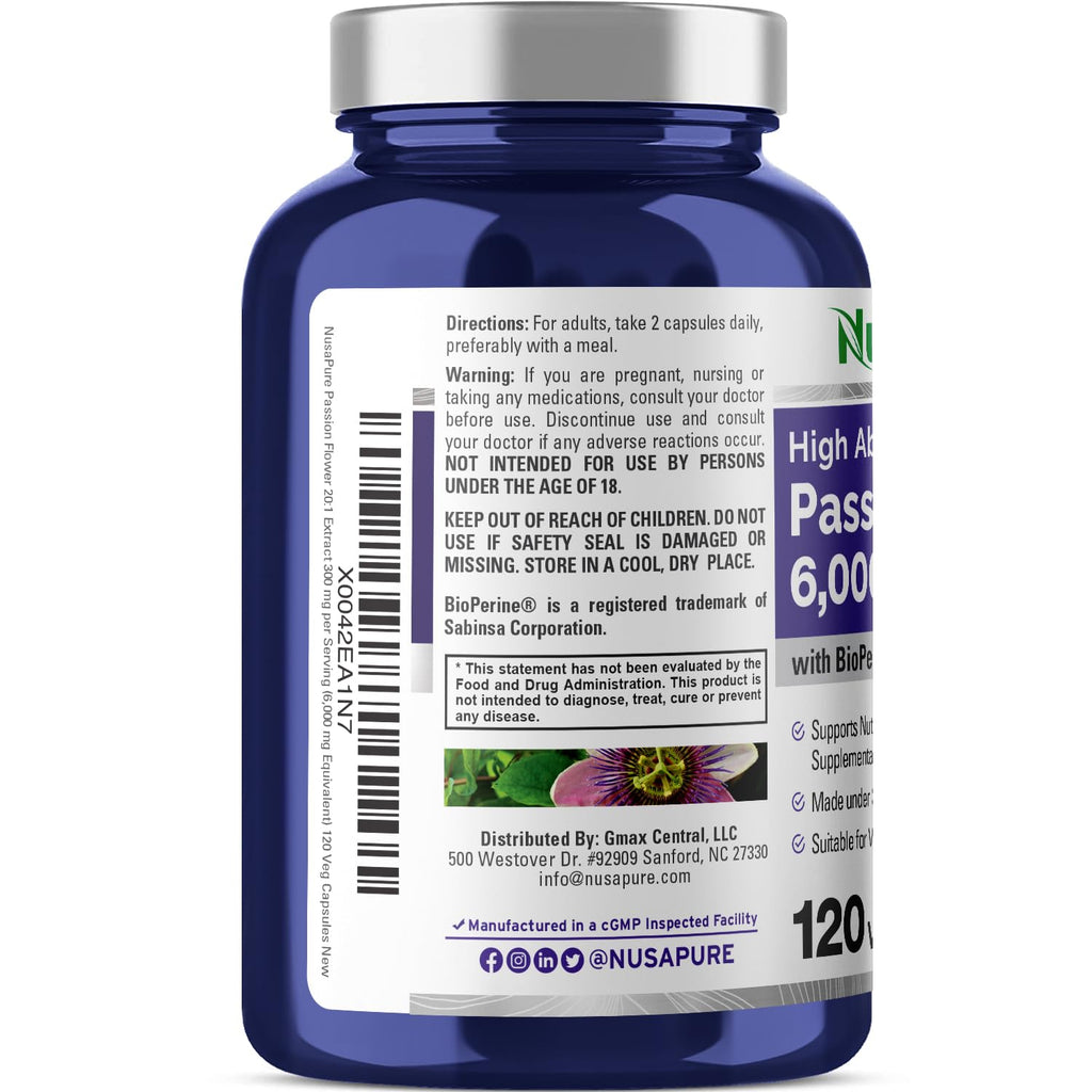 NusaPure Passion Flower 20:1 Extract, 300 mg Equivalent to 6,000mg, 120 Veggie Caps, Non-GMO, Bioperine, & Vegan Extract Supplement NusaPure Au supplements