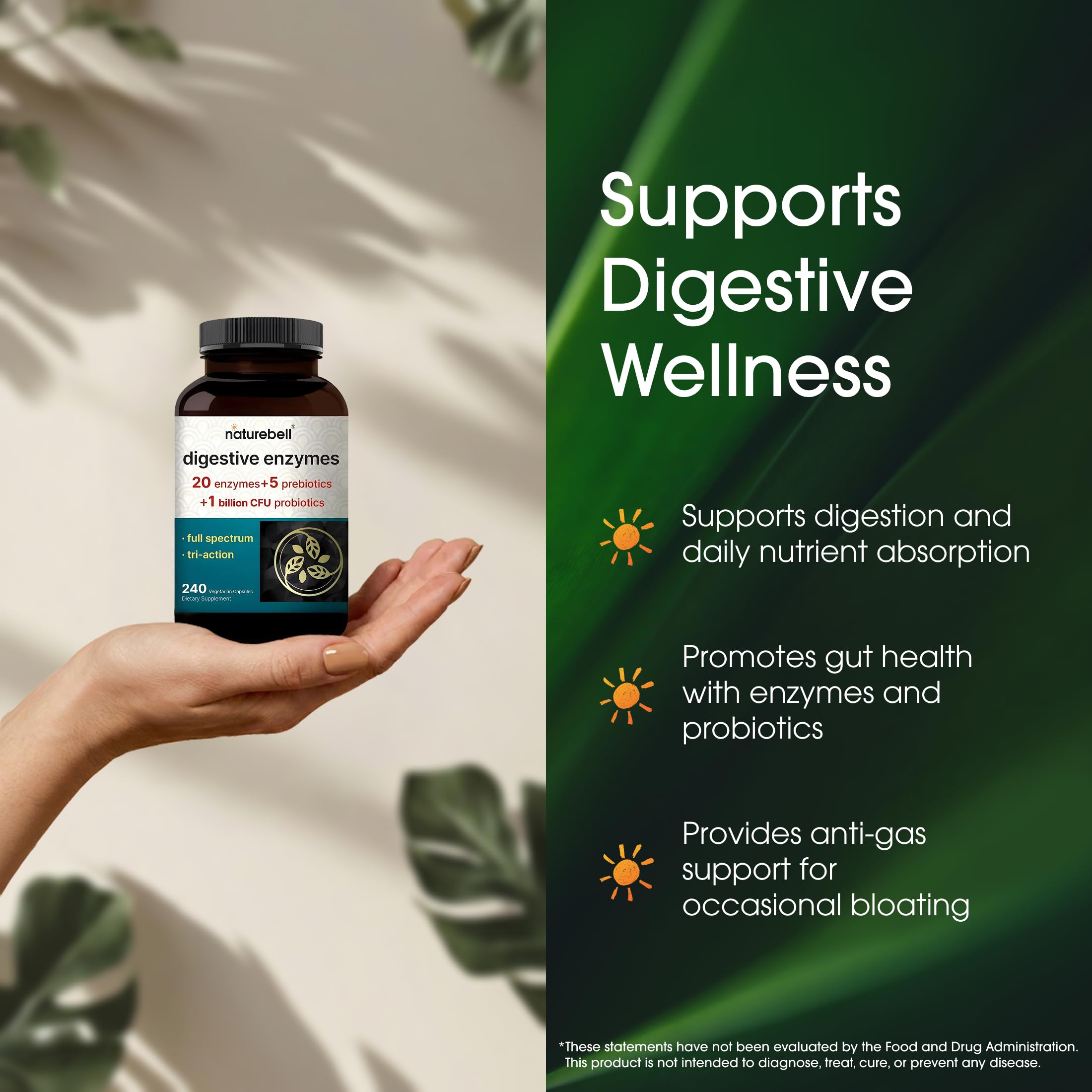 NatureBell Digestive Enzymes - 240 Capsules - Gut & Digestive Health Support Supplement* - with 20 Enzymes,