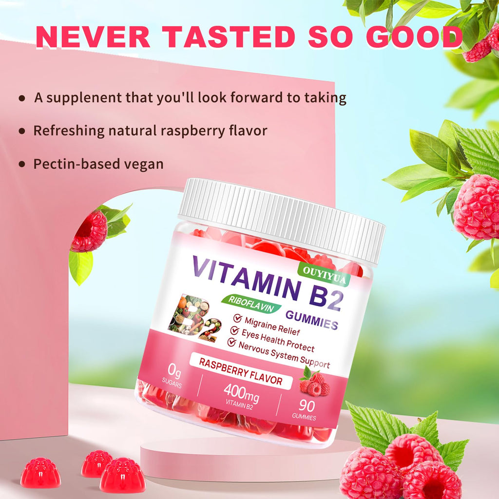 Vitamin B2 Gummies Riboflavin 400mg Supplement with Magnesium for Kids & Adults B2 Gummies for Migraine Relief, Headache Relief & Nervous System Support