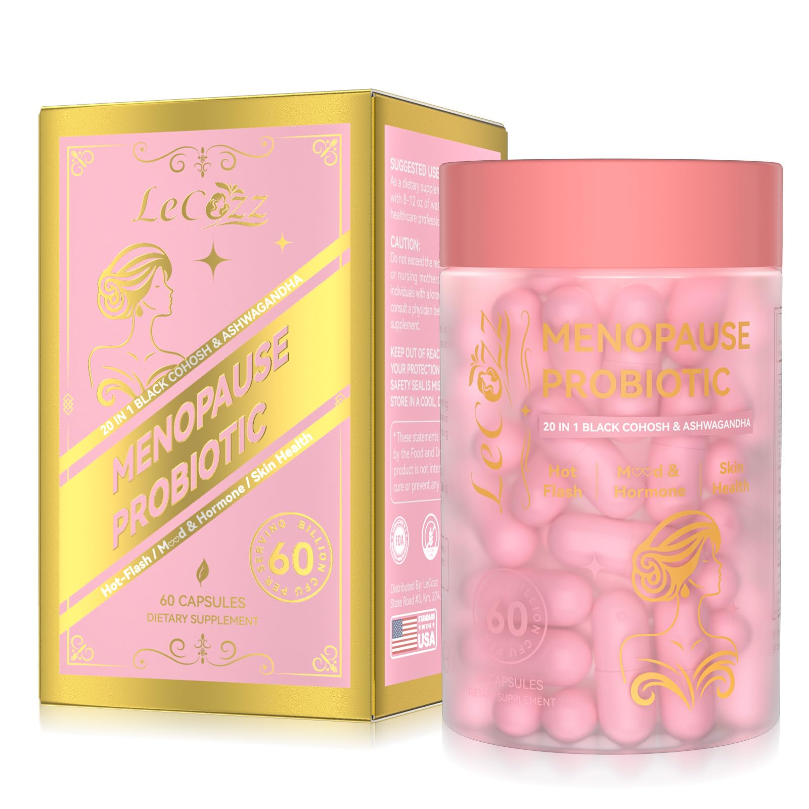 LeCozz Menopause Supplement for Women : Hormone-Free Probiotic with Black Cohosh & Ashwagandha Support for Hot Flashes Mood Balance & Skin Health 60 Capsules LeCozz Au supplements