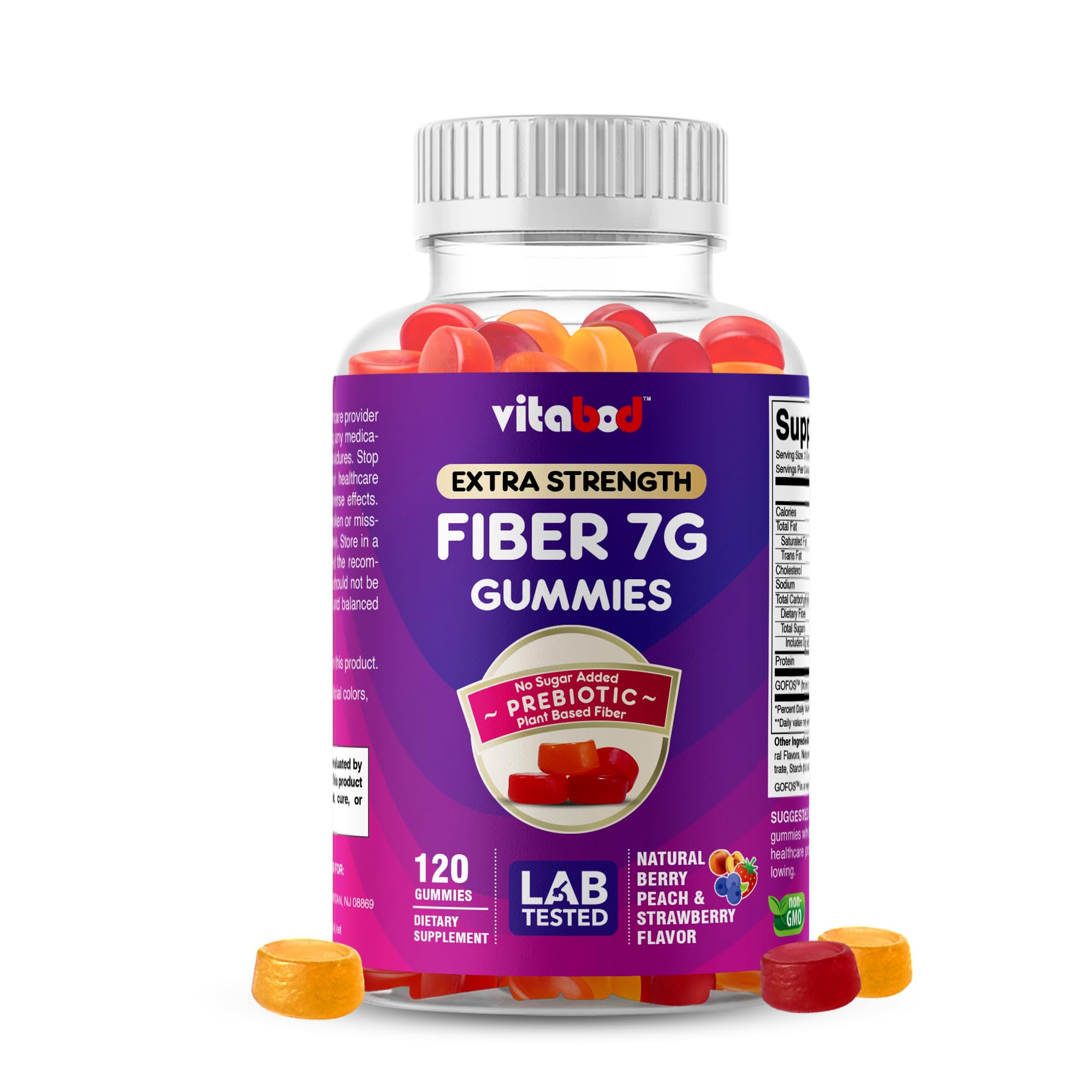 Vitabod Fiber Gummies 7G Per Serving for Digestive Health & Regularity, Prebiotic GOFOS™ Plant-Based Fiber, No Sugar Added, Vegan, Berry Peach Strawberry, 120 Gummies (Adults, Women & Men)