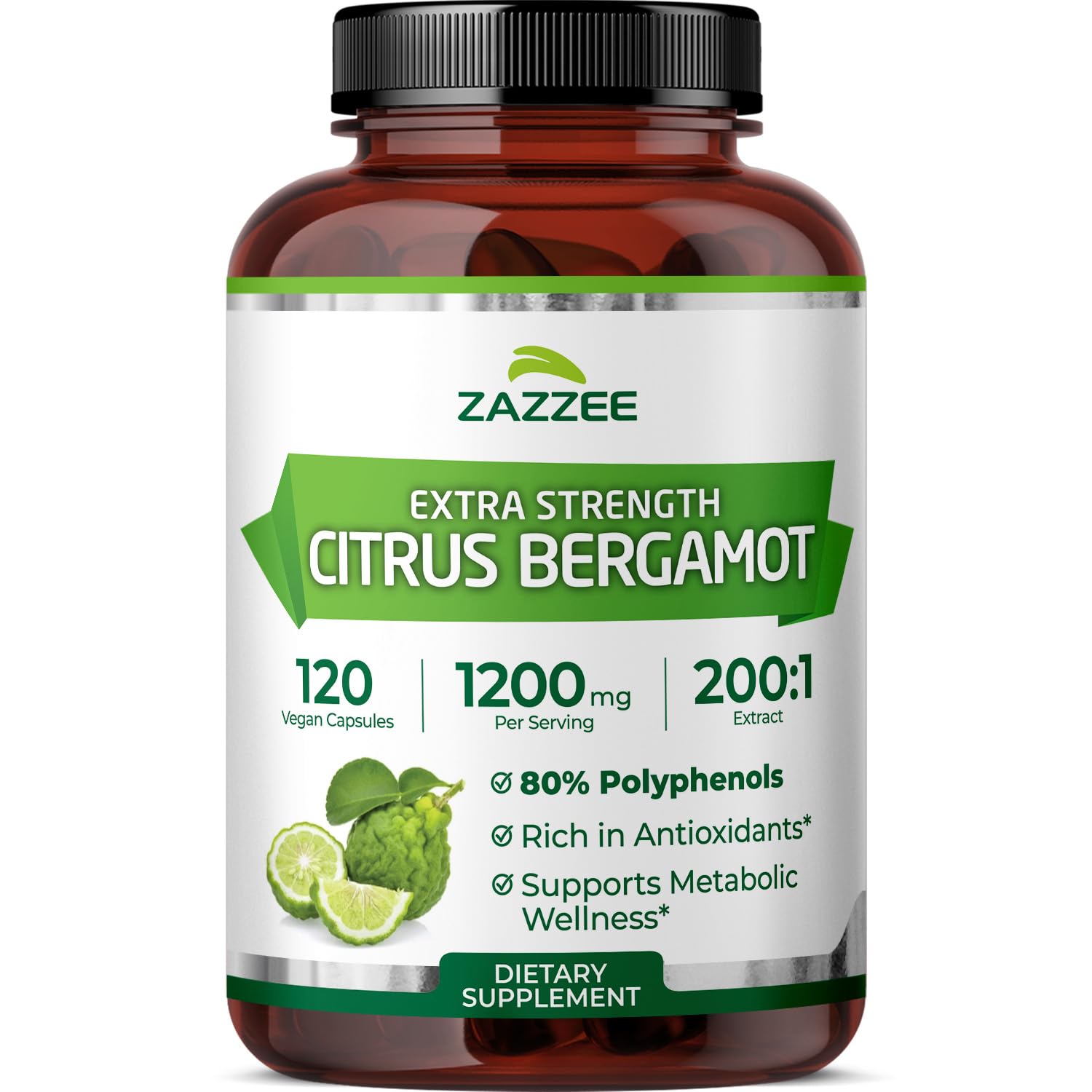 Zazzee Extra Strength Citrus Bergamot 200:1 Extract 1200 mg, 80% Polyphenols, 120 Vegan Capsules, Standardized 200X Potency
