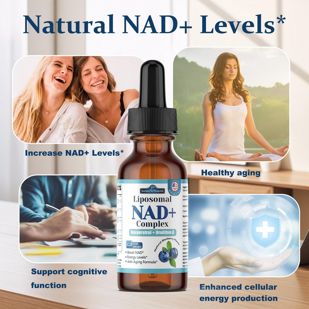 Liposomal NAD+ Liquid Drops, 8-in-1 NAD⁺ Nicotinamide Riboside Resveratrol 900mg w. Quercetin & Urolithin A | Fast Absorption NAD+ Supplement with CoQ10, ALA | Cellular Energy, Anti-Aging, Vitality AuraraNeNourish Au supplements