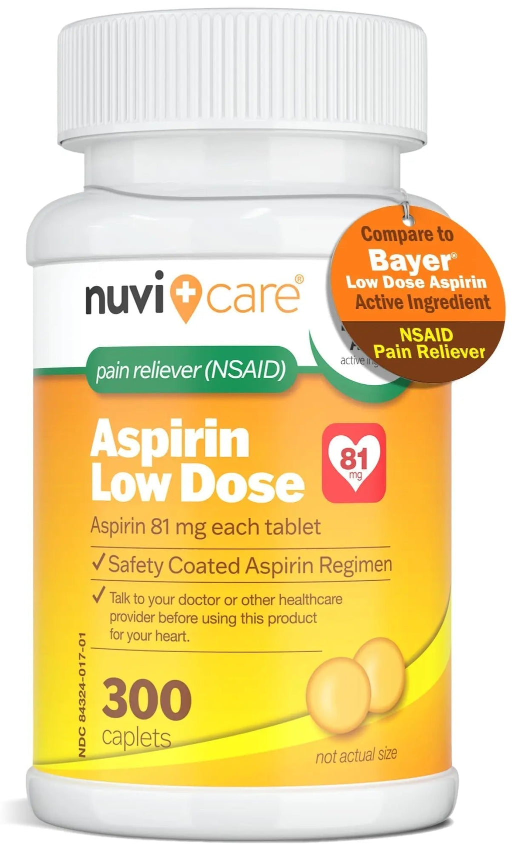 NUVICARE Low Dose Aspirin 81mg for Adults Coated Caplets - Compare to Active Ingredient in Low Dose Bayer Aspirin for Adults - Safety Coated (300 Count) NUVICARE Au supplements