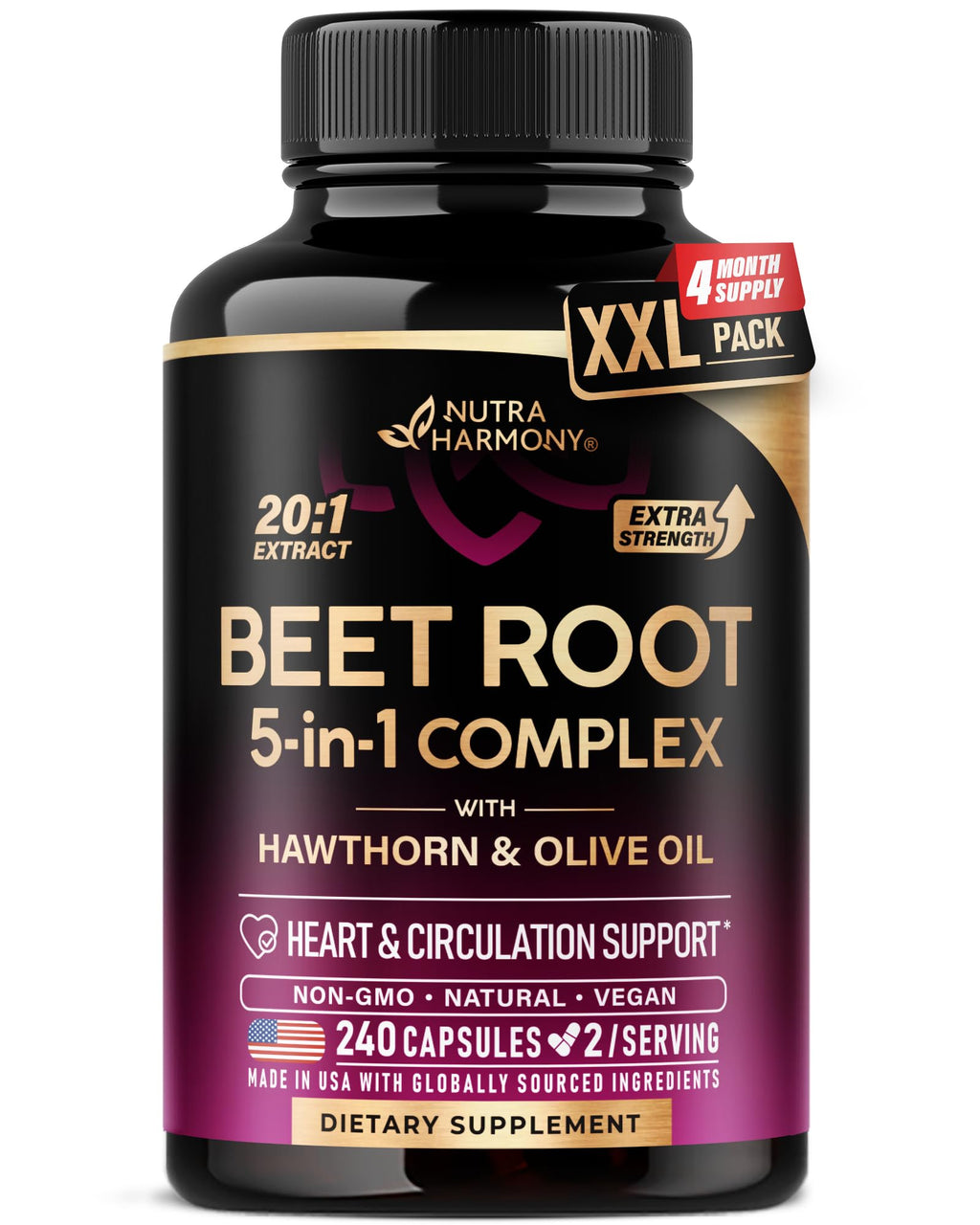 Beet Root 5-in-1 Complex Capsules - Healthy Blood Pressure Support Supplement** for Heart & Circulation Support - with Hawthorn Berry, Hibiscus & Garlic