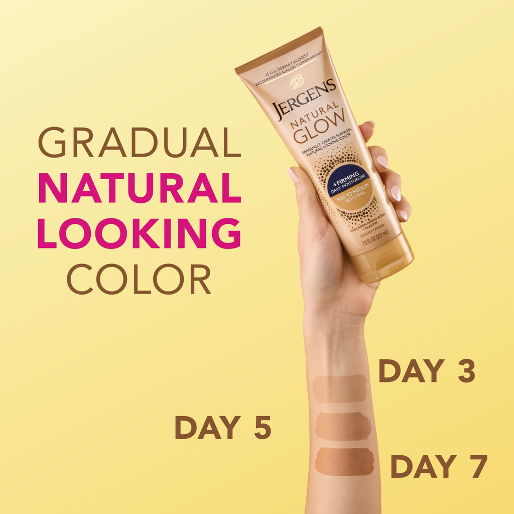 Jergens Natural Glow +Firming Self Tanner Body Lotion, Fair to Medium Skin Tone, Sunless Tanning Moisturizer