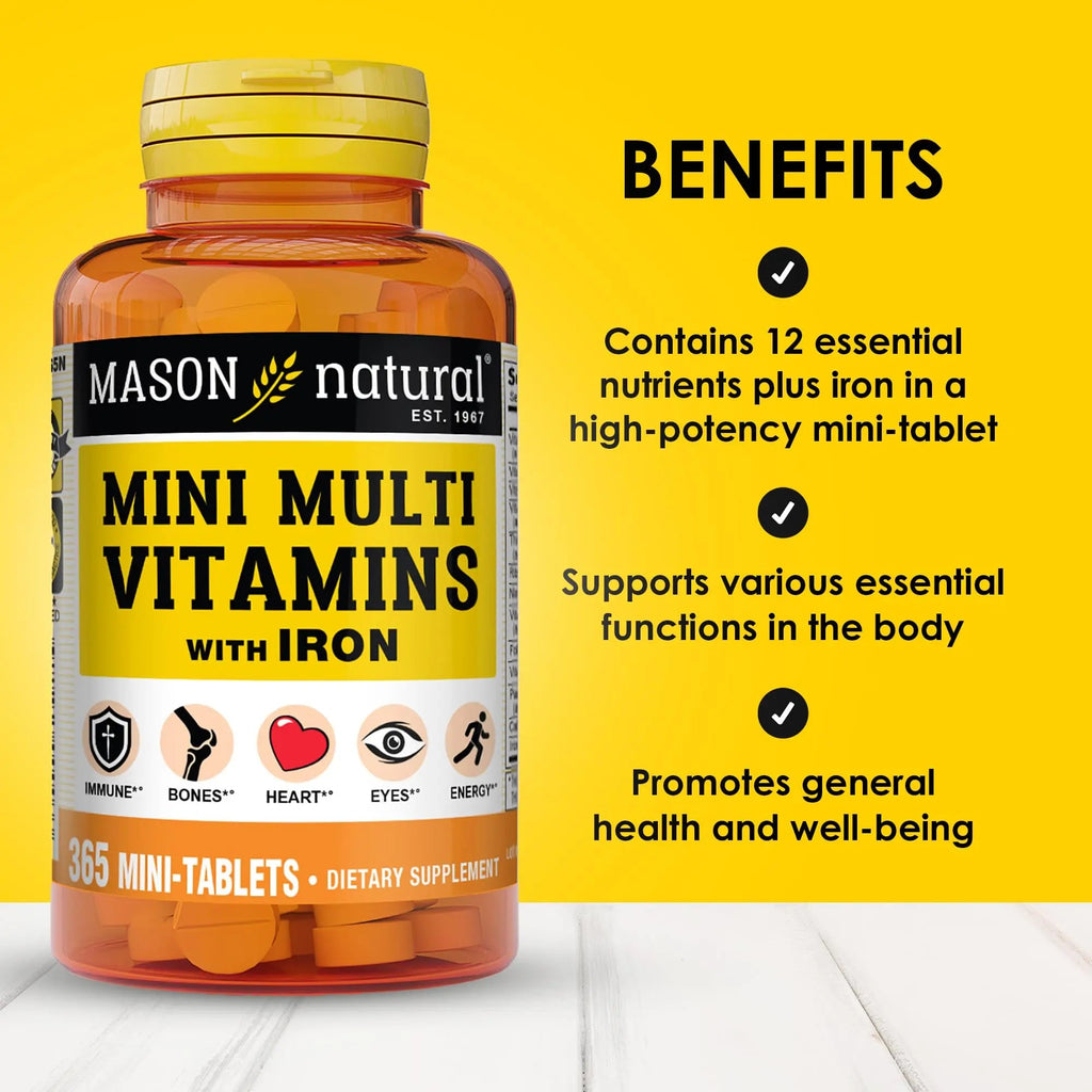 MASON NATURAL Mini Multi Vitamins with Iron, Vitamins A, C, D, E, B1, B2, B3, B6, B12, Folate and Calcium for Overall Health MASON NATURAL Au supplements