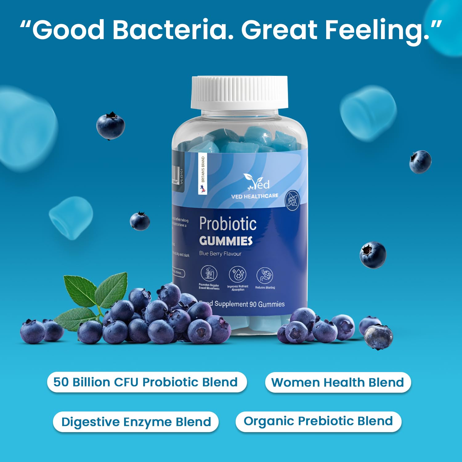 Vegan Probiotic Gummies with Prebiotics, Blueberry Flavour, 2 Gummies Daily (90 Count), 45 Days Supply, Non-GMO, Gluten Free,
