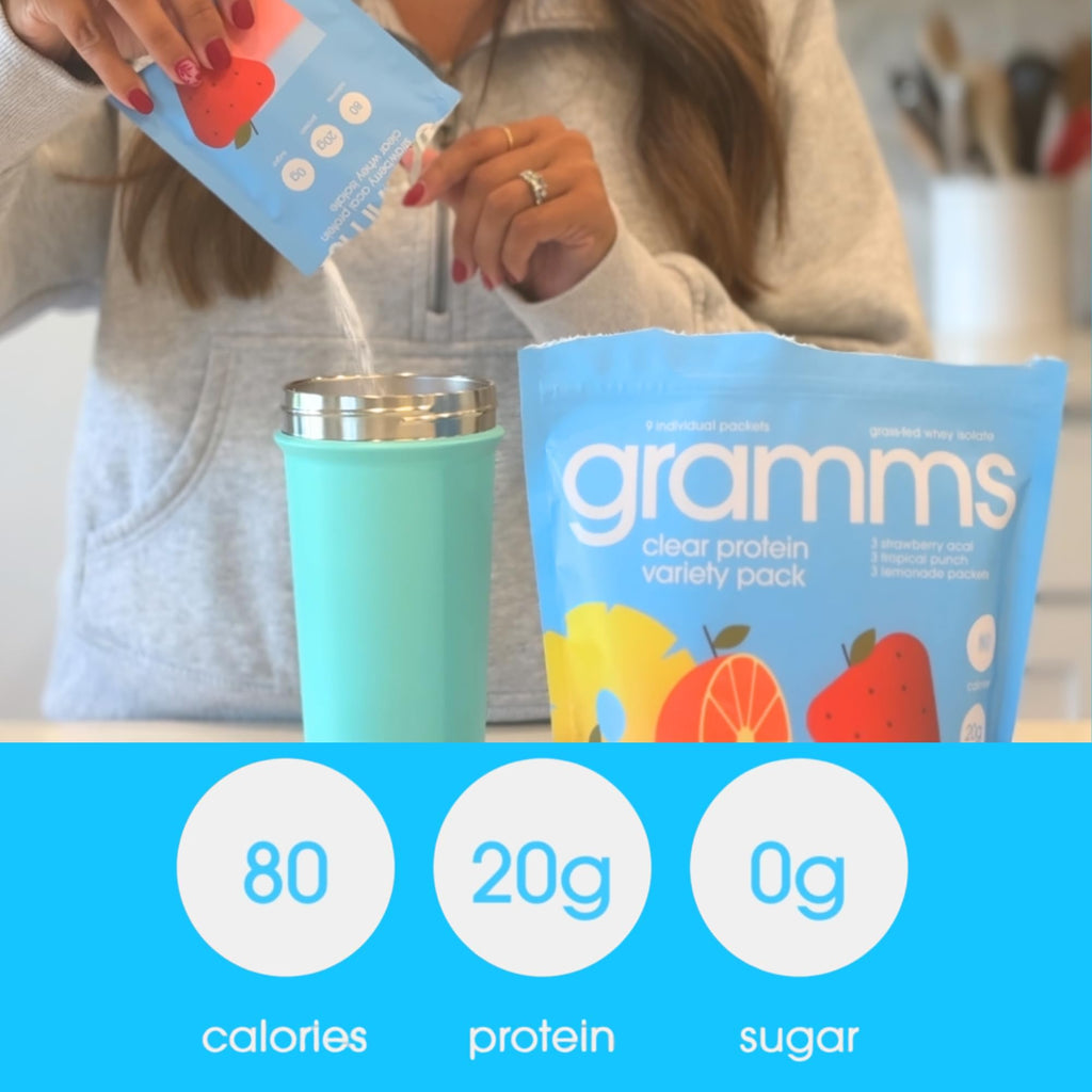 GRAMMS Clear Protein Powder Packets 20G Protein Sample Packets Variety Flavors for Women & Men | Lactose Free, Grass-Fed Whey Isolate, Gluten Free, Zero Sugar, Gut Friendly, Non-Bloating(9 Pack)