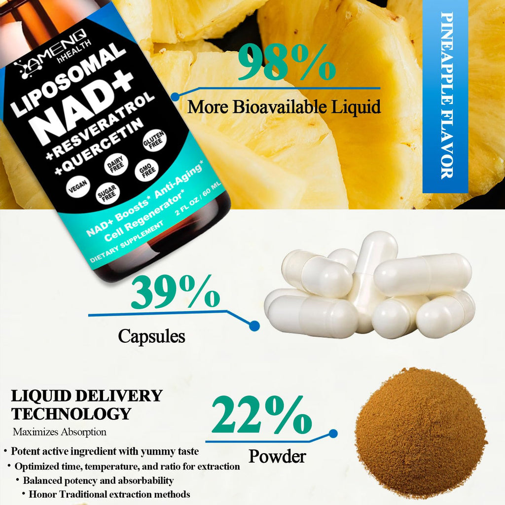NAD Supplement, Liposomal NAD Nicotinamide Riboside Resveratrol 900mg Quercetion, TMG, Vitamin B3, High Potency NAD Plus Liquid Supplement for Cell Regenerator, Longevity, Energy, Anti-Aging, Focus AMENQ hHEALTH Au supplements