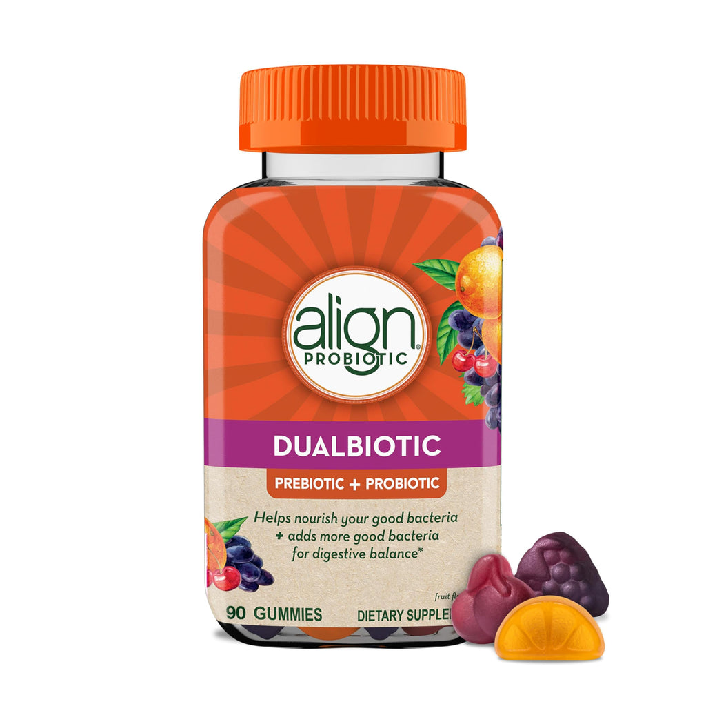 Align Dualbiotic, Prebiotics and Probiotics for Women and Men, Probiotics for Digestive Health, Prebiotics Help Nourish Good Bacteria, Natural Fruit Flavors, 90 Probiotic Gummies Align Au supplements