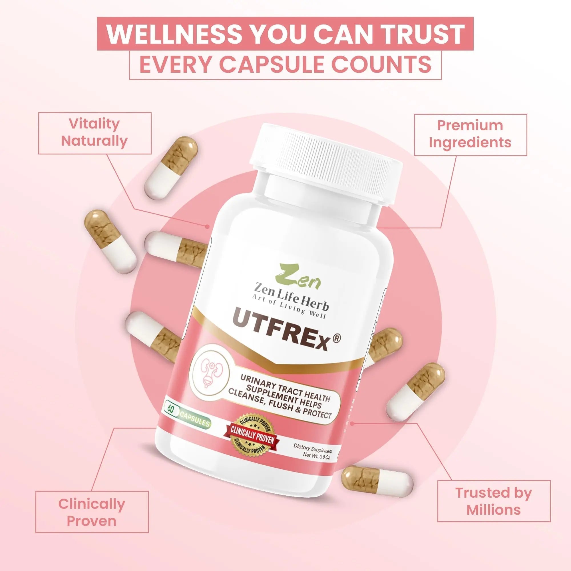 ZEN LIFE HERB UTFREx – Fast Acting - Promotes Urinary Tract Health Supports Healthy Immune and Urinary System, No Vitamins, Minerals, Prebiotics, Sugar, Plant-Based Supplement (60 Capsules) ZEN LIFE HERB Au supplements