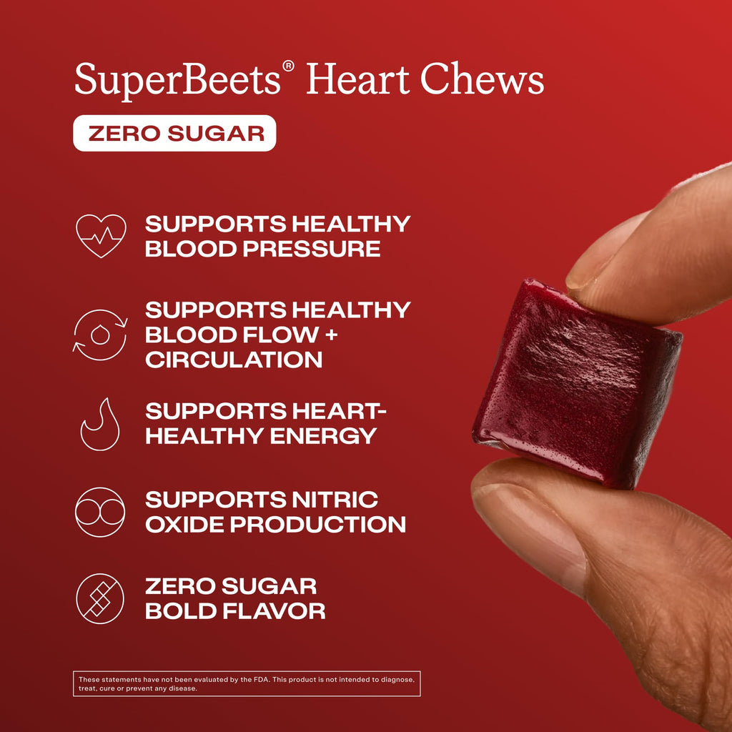 Humann SuperBeets Heart Chews Zero Sugar, Beet Root Supplement, Energy, Nitric Oxide and Blood Pressure Support, Grape Seed Extract & Non-GMO