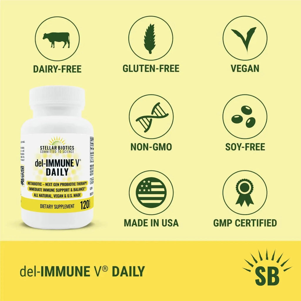 Del-Immune V® Daily by Stellar Biotics, All-Natural Immune Support & Gut Health, Immediate Care, Metabiotic: NextGen Probiotic Therapy (120 Caps) Del-Immune V Au supplements