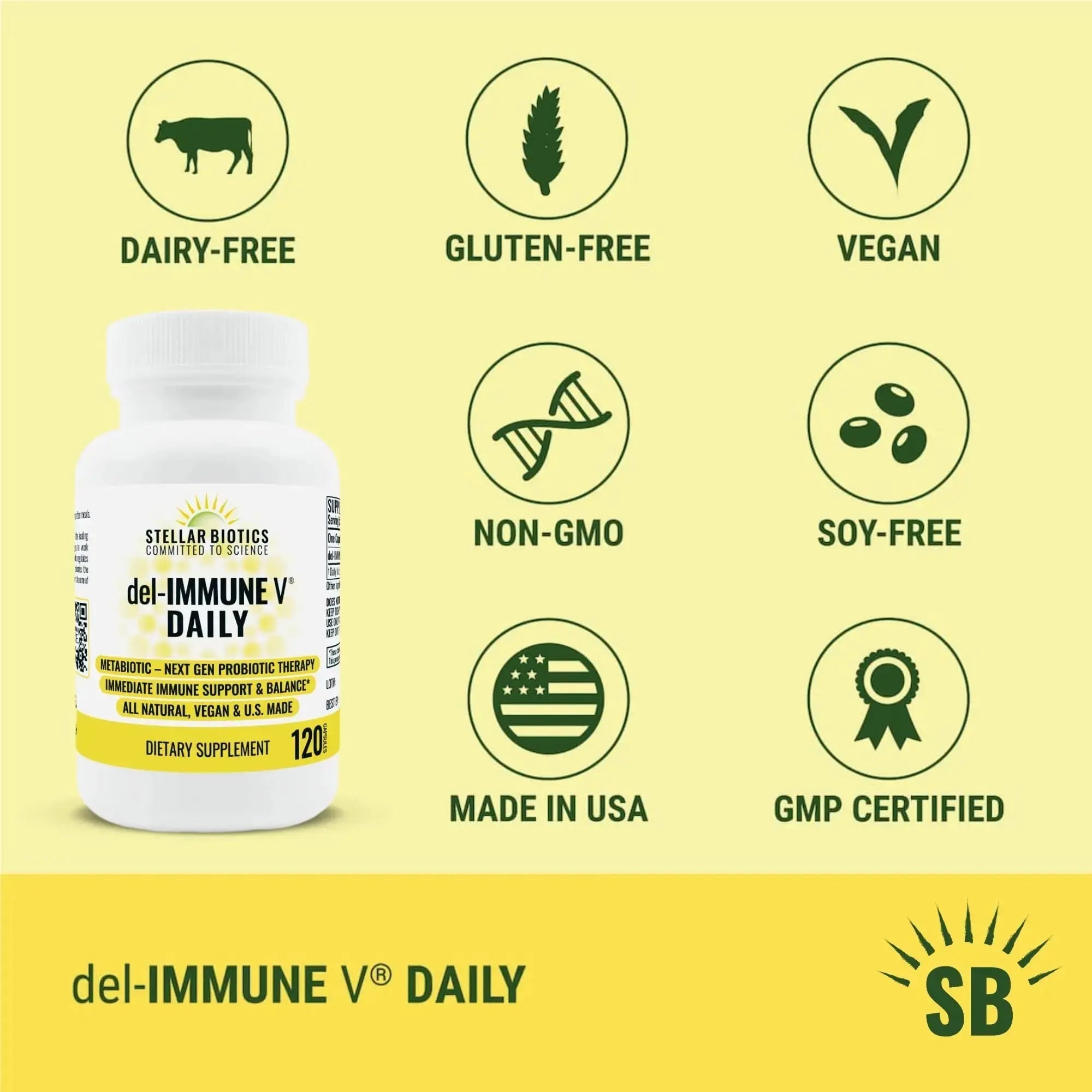 Del-Immune V® Daily by Stellar Biotics, All-Natural Immune Support & Gut Health, Immediate Care, Metabiotic: NextGen Probiotic Therapy (120 Caps) Del-Immune V Au supplements