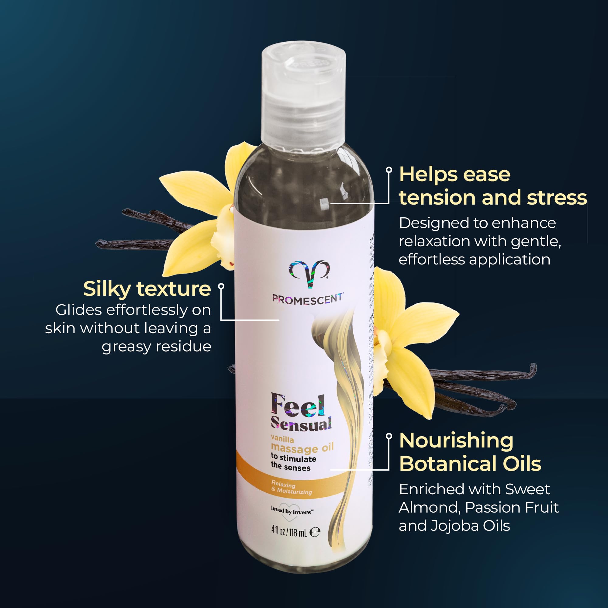 Promescent Massage Oil for Massage Therapy, Massage Oils for Date Night, Premium Body Oil for Men & Women to Relieve Stress & Sore Muscles, Essential Oils for Skin (4 oz) (Vanilla) Promescent Au supplements