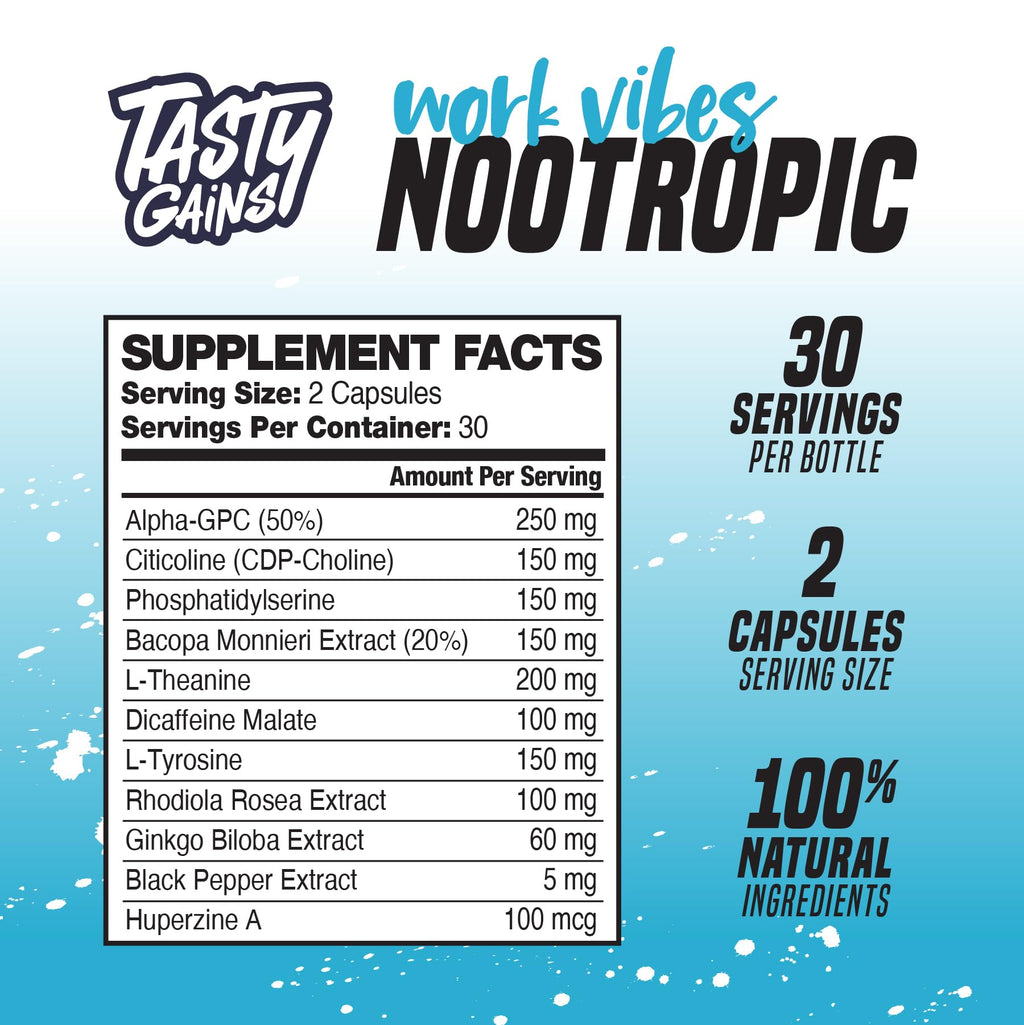 Nootropic Brain Supplement for Memory and Focus - Vitamin for Mental Health & Brain Health with L-Theanine, Rhodiola Rosea & Phosphatidylserine - Memory, Mental Clarity & Cognitive Improvement - 60 Ct TASTY GAINS Au supplements